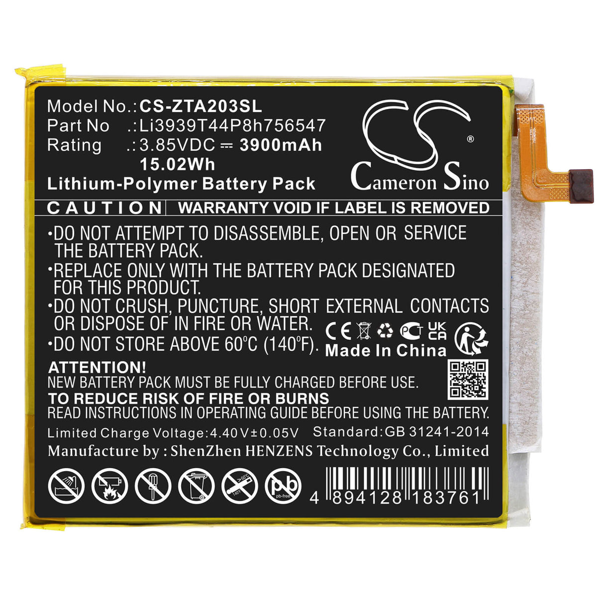 3.85V, Li-Polymer, 3900mAh, SmartPhone battery fits Zte, (Black),Li3939t44p8h756547, A2020, A2020n2, 15.02Wh Mobile, SmartPhone Cameron Sino Technology Limited (Smartphone)