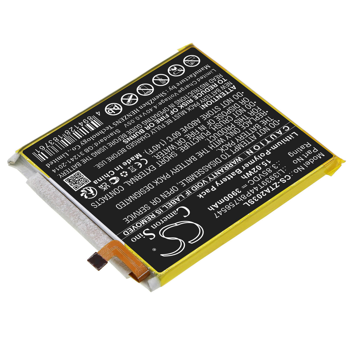 3.85V, Li-Polymer, 3900mAh, SmartPhone battery fits Zte, (Black),Li3939t44p8h756547, A2020, A2020n2, 15.02Wh Mobile, SmartPhone Cameron Sino Technology Limited (Smartphone)