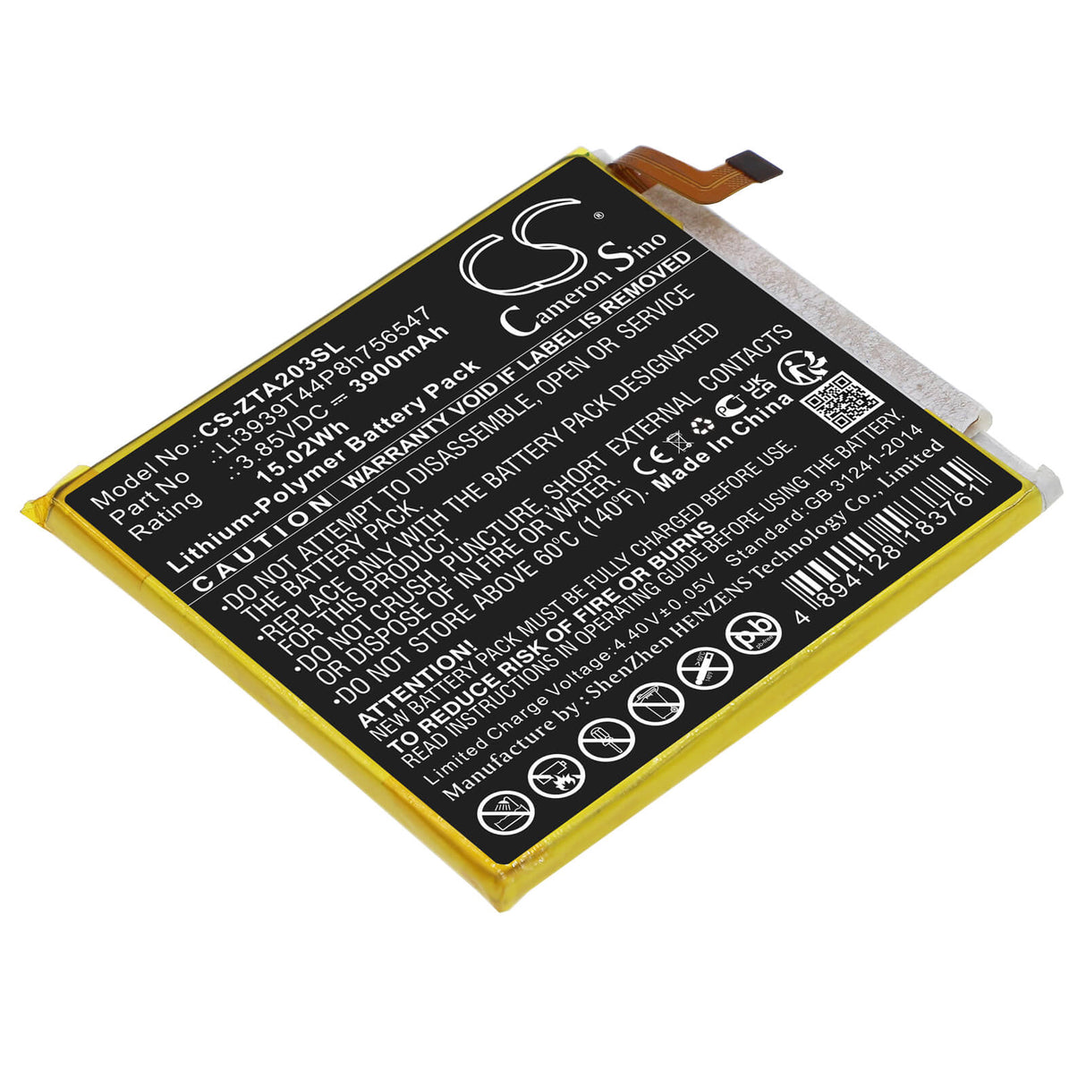 3.85V, Li-Polymer, 3900mAh, SmartPhone battery fits Zte, (Black),Li3939t44p8h756547, A2020, A2020n2, 15.02Wh Mobile, SmartPhone Cameron Sino Technology Limited (Smartphone)