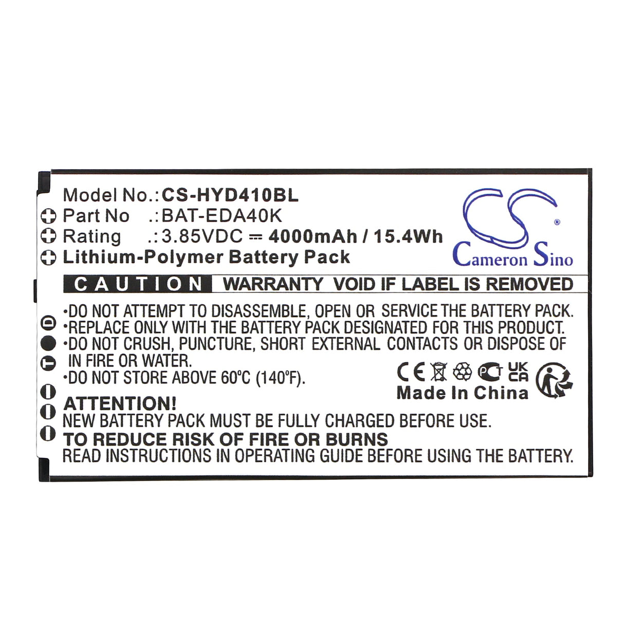 3.85V, Li-Polymer, 4000mAh, Barcode Scanner battery fits Honeywell, Eda40k, 15.4Wh Barcode Scanner Cameron Sino Technology Limited