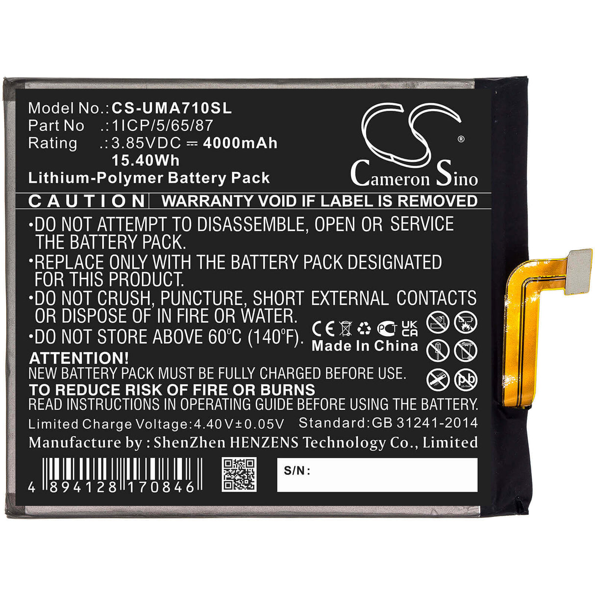 3.85V, Li-Polymer, 4000mAh, SmartPhone battery fits Umi, 1icp/5/65/87, Umidigi A7 Pro, 15.4Wh Mobile, SmartPhone Cameron Sino Technology Limited (Smartphone)