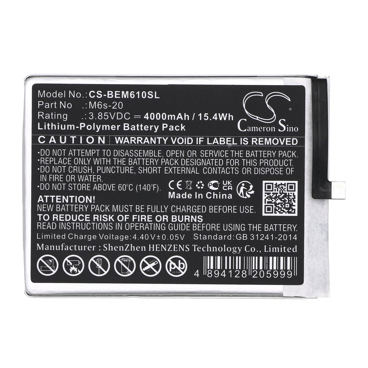 3.85V, Li-Polymer, 4000mAh, SmartPhone battery fits Bea-fon, M6s-20, M6s, M6s Premium, 15.4Wh Mobile, SmartPhone Cameron Sino Technology Limited (Smartphone)
