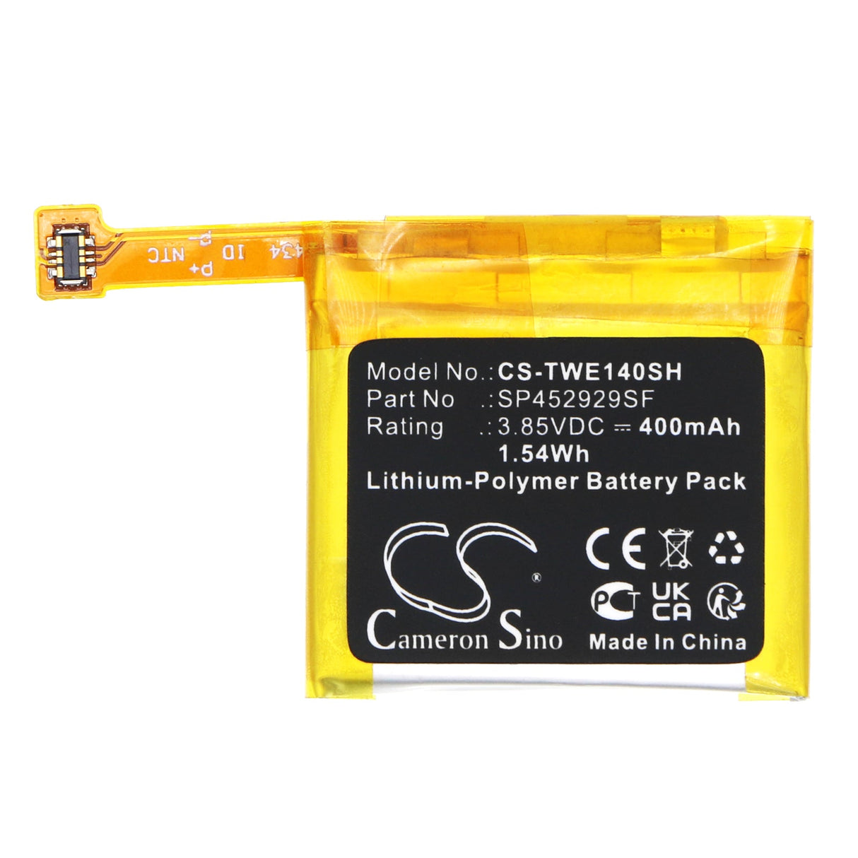 3.85V, Li-Polymer, 400mAh, Smartwatch battery fits Ticwatch, Pro, Pro 4g, 1.54Wh Smartwatch Cameron Sino Technology Limited