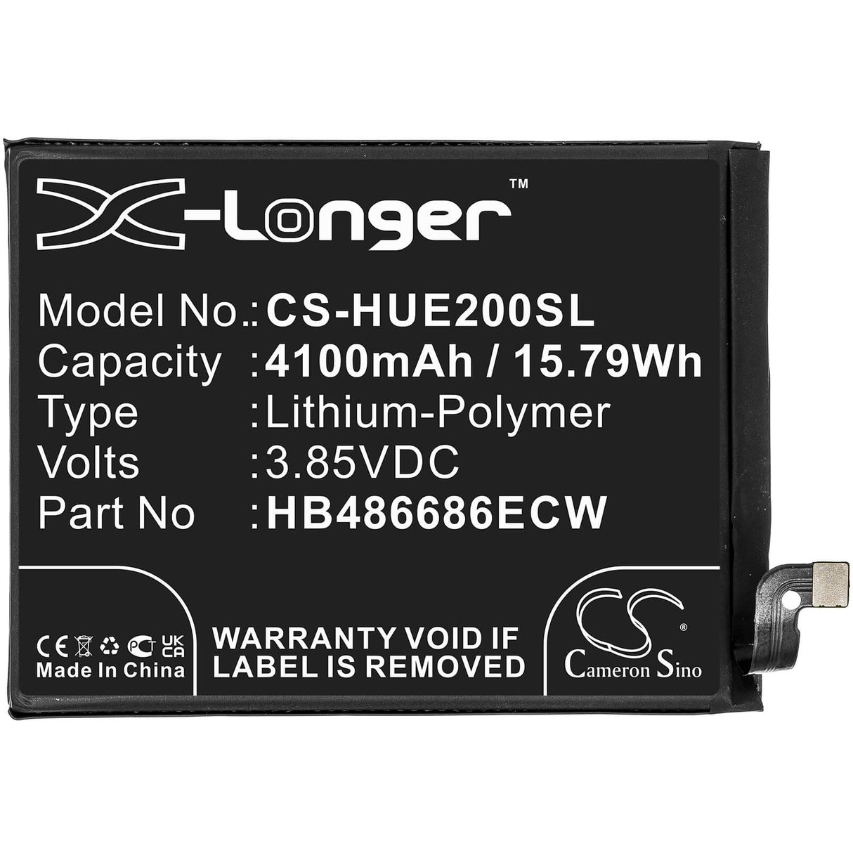 3.85V, Li-Polymer, 4100mAh, SmartPhone battery fits Huawei, Hb486686ecw, Changxiang 20 Plus, Enjoy 20 Plus, 15.79Wh Mobile, SmartPhone Cameron Sino Technology Limited (Smartphone)