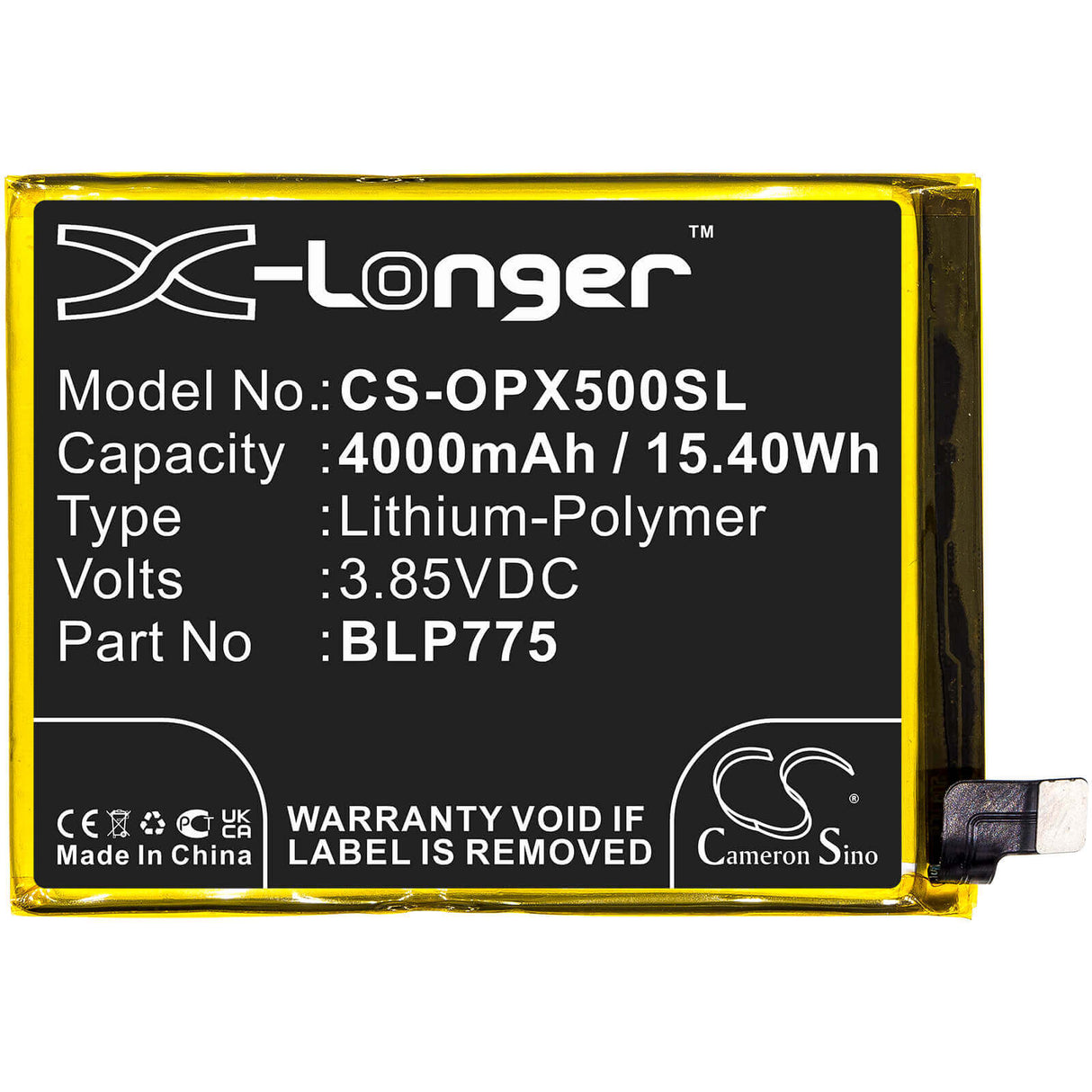 3.85V, Li-Polymer, 4000mAh, SmartPhone battery fits Oppo, Blp775, Realme X50 5g, Rmx2021, 15.4Wh Mobile, SmartPhone Cameron Sino Technology Limited (Smartphone)