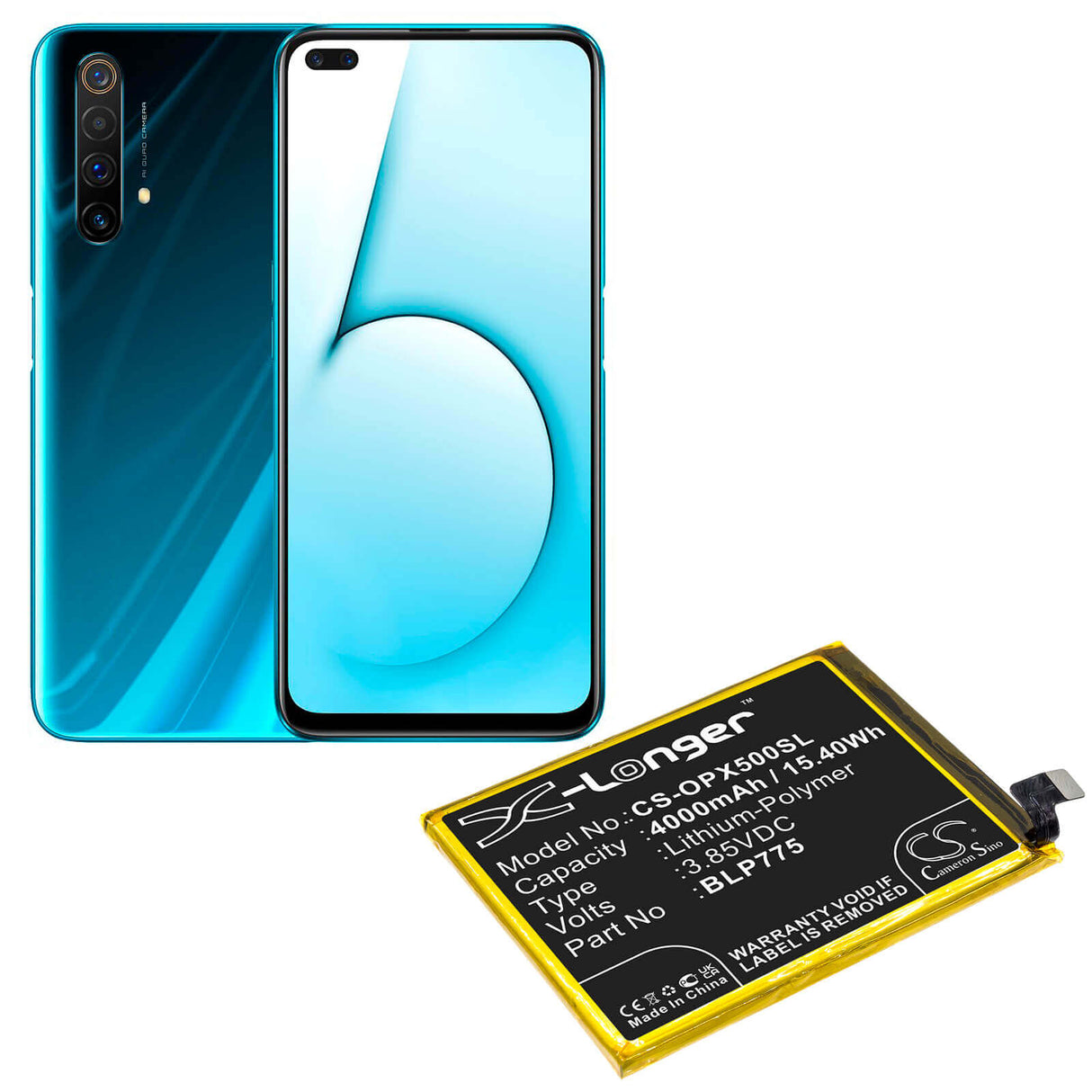 3.85V, Li-Polymer, 4000mAh, SmartPhone battery fits Oppo, Blp775, Realme X50 5g, Rmx2021, 15.4Wh Mobile, SmartPhone Cameron Sino Technology Limited (Smartphone)