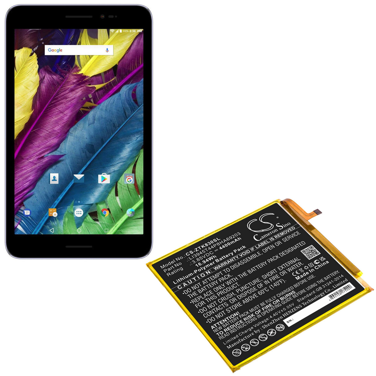 3.85V, Li-Polymer, 4400mAh, Tablet battery fits Zte, Li3945t44p8ha69203, Grand X View 2, K83, 16.94Wh Tablet Cameron Sino Technology Limited