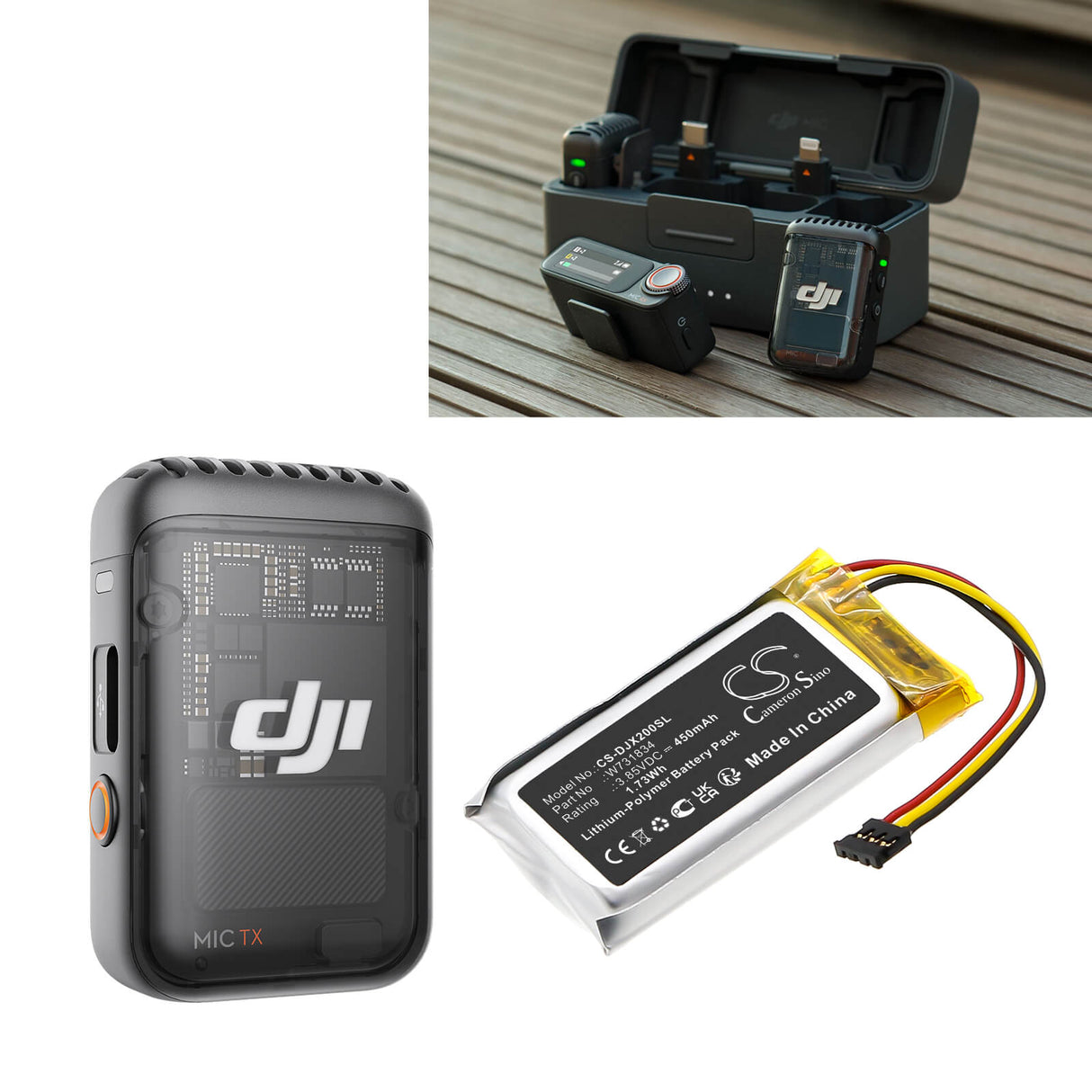 3,85V, Li-Polymer, 450mAh, Batterie de microphone pour Dji, W731834, Mic 2 Charging Case, 1,73Wh Microphone Cameron Sino Technology Limited