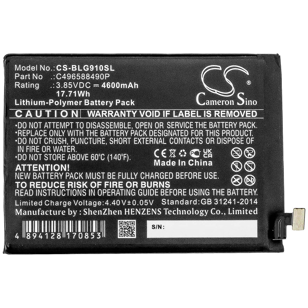 3.85V, Li-Polymer, 4600mAh, SmartPhone battery fits Blu, C496588490p, G0530ww, G91 Pro, 17.71Wh Mobile, SmartPhone Cameron Sino Technology Limited (Smartphone)