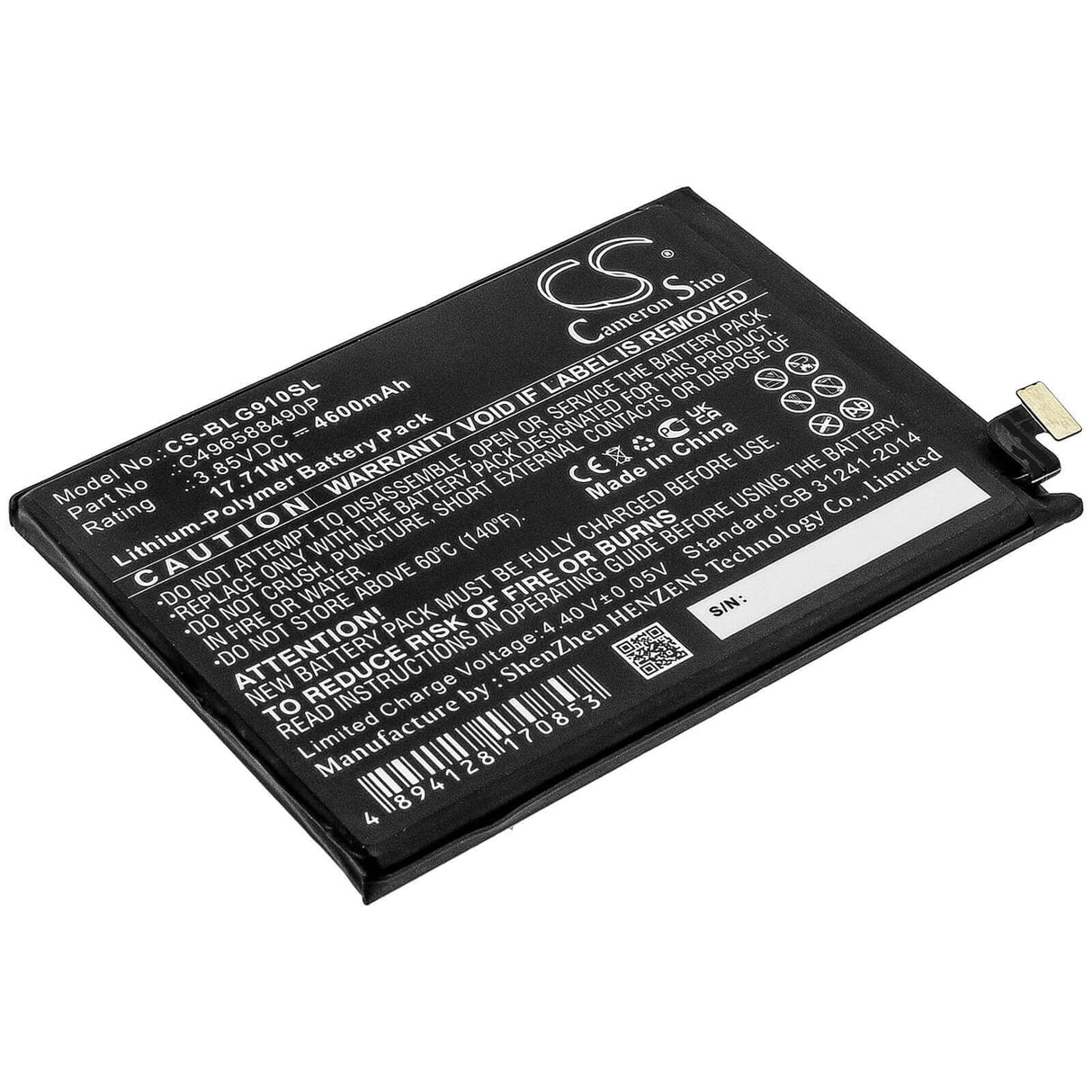 3.85V, Li-Polymer, 4600mAh, SmartPhone battery fits Blu, C496588490p, G0530ww, G91 Pro, 17.71Wh Mobile, SmartPhone Cameron Sino Technology Limited (Smartphone)