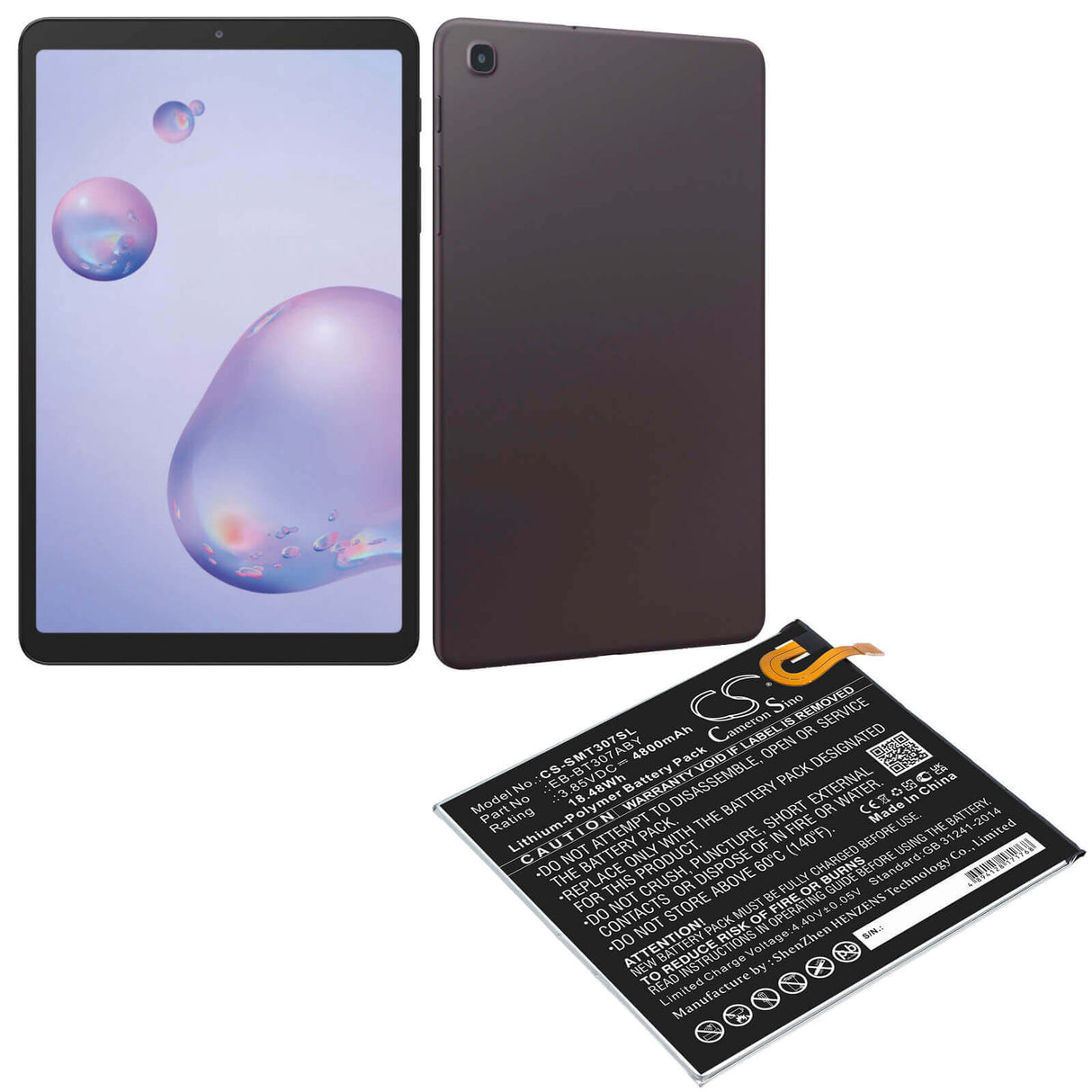 3.85V, Li-Polymer, 4800mAh, Tablet battery fits Samsung, Eb-bt307aby, Galaxy Tab A 8.4 2020, Sm-t307u, 18.48Wh Tablet Cameron Sino Technology Limited