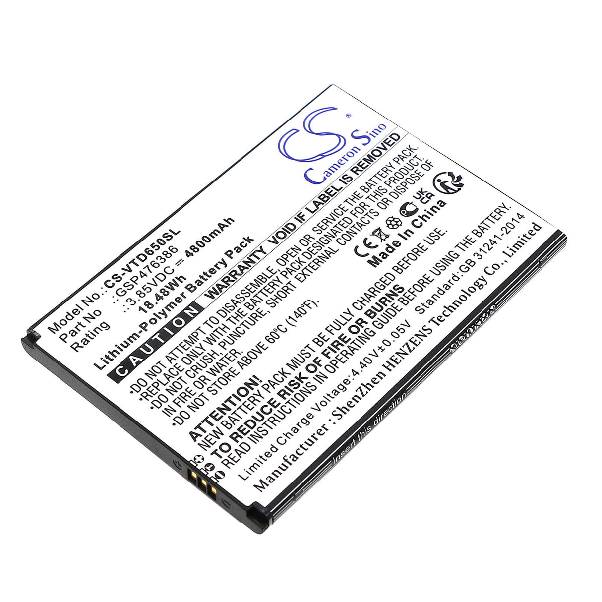 3,85V, Li-Polymer, 4800mAh, batterie de smartphone compatible Vortex, Gsp476386, Hd65 +, Hd65plus, 18,48Wh Mobile, Smartphone Cameron Sino Technology Limited (Smartphone)