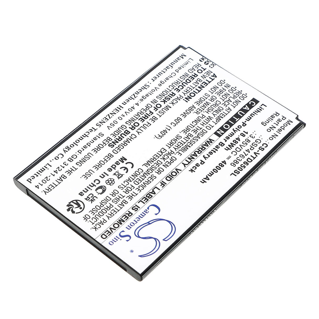 3,85V, Li-Polymer, 4800mAh, batterie de smartphone compatible Vortex, Gsp476386, Hd65 +, Hd65plus, 18,48Wh Mobile, Smartphone Cameron Sino Technology Limited (Smartphone)