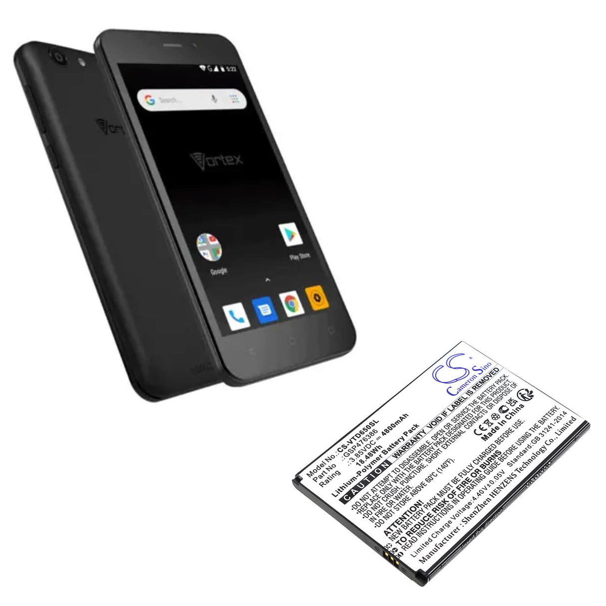 3,85V, Li-Polymer, 4800mAh, batterie de smartphone compatible Vortex, Gsp476386, Hd65 +, Hd65plus, 18,48Wh Mobile, Smartphone Cameron Sino Technology Limited (Smartphone)