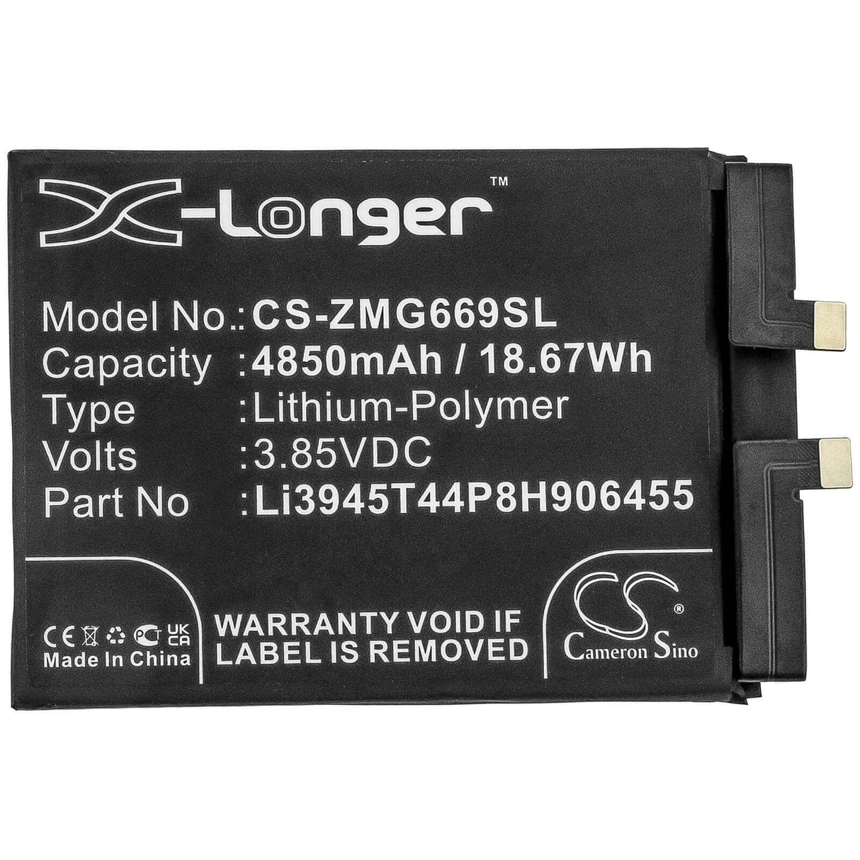 3.85V, Li-Polymer, 4850mAh, SmartPhone battery fits Zte, Li3945t44p8h906455, Nubia Red Magic 6, Nx669j, 18.67Wh Mobile, SmartPhone Cameron Sino Technology Limited (Smartphone)