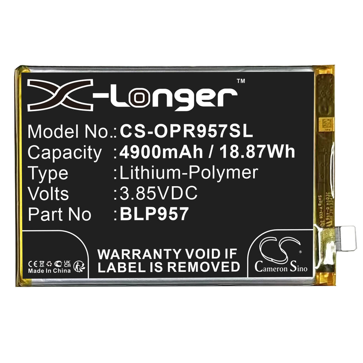 3,87V, Li-Polymer, 4900mAh, Batterie de smartphone compatible avec Oppo, Blp957, Realme 10 5g, Rmx3630, 18,96Wh Mobile, Smartphone Cameron Sino Technology Limited (Smartphone)
