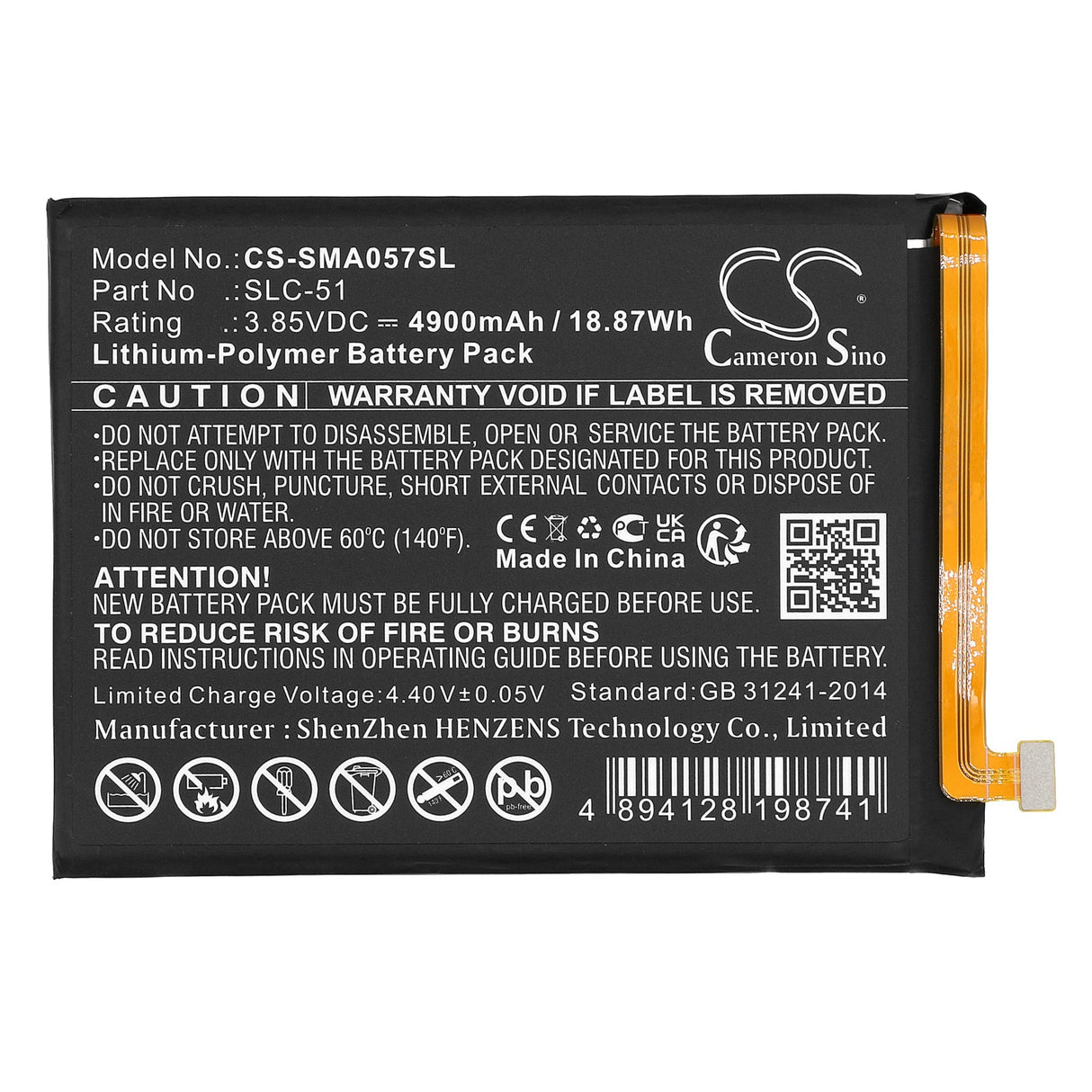 3.85V, Li-Polymer, 4900mAh, SmartPhone battery fits Samsung, Gh81-24363a, Galaxy A05s 2023, Sm-a057f, 18.87Wh Mobile, SmartPhone Cameron Sino Technology Limited (Smartphone)