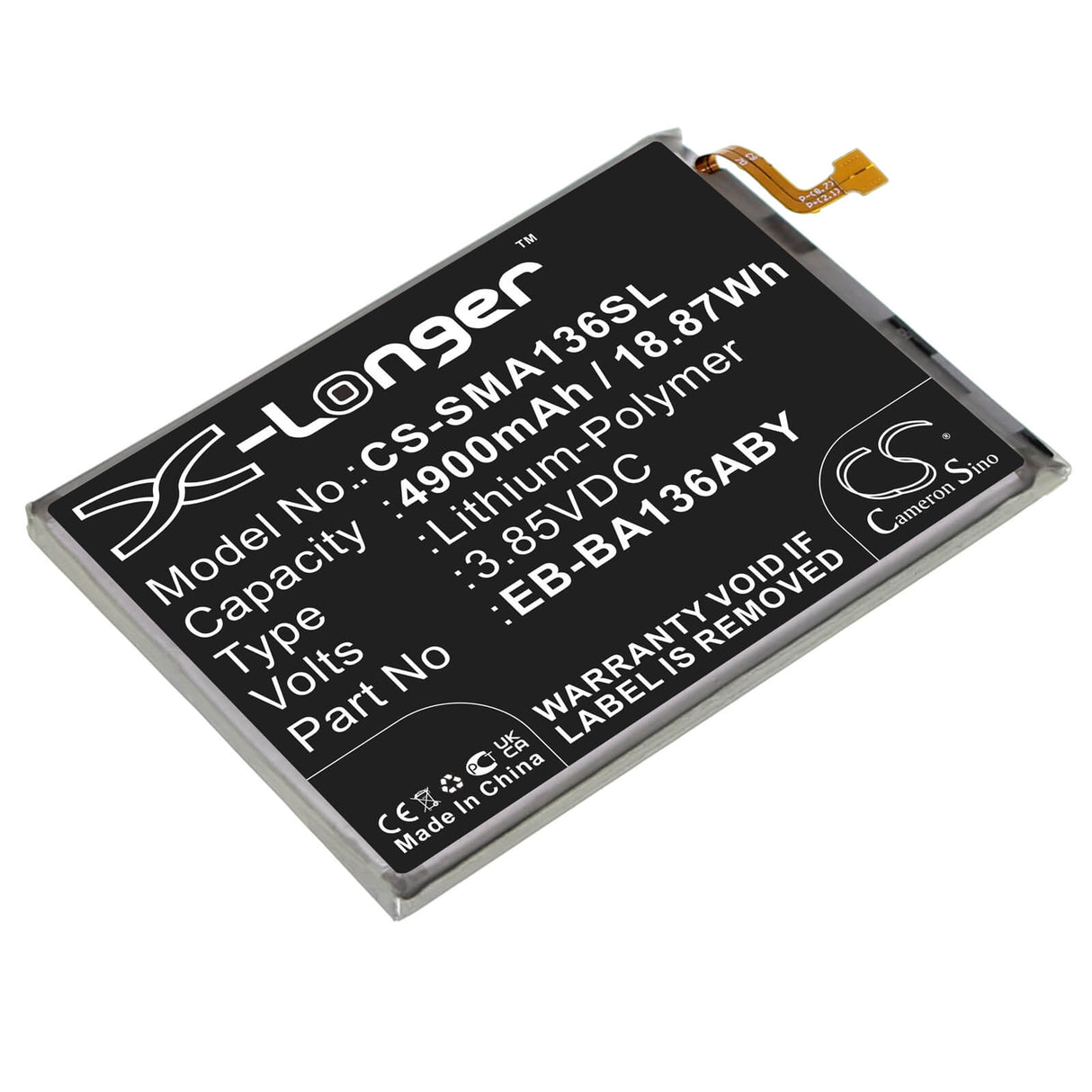 3.85V, Li-Polymer, 4900mAh, SmartPhone battery fits Samsung, Eb-ba136aby, Galaxy A13 5g, Sm-a136a, 18.87Wh Mobile, SmartPhone Cameron Sino Technology Limited (Smartphone)