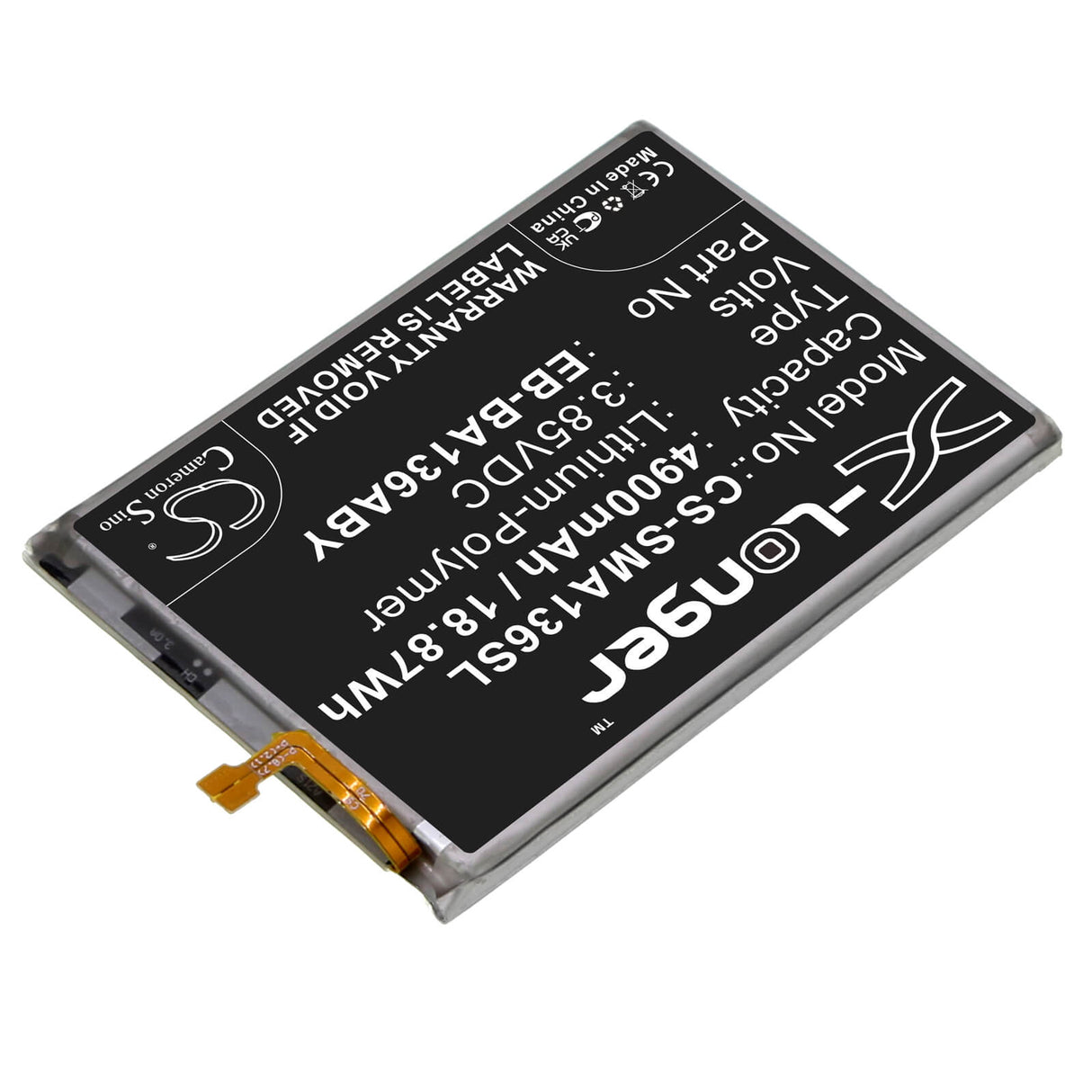 3.85V, Li-Polymer, 4900mAh, SmartPhone battery fits Samsung, Eb-ba136aby, Galaxy A13 5g, Sm-a136a, 18.87Wh Mobile, SmartPhone Cameron Sino Technology Limited (Smartphone)