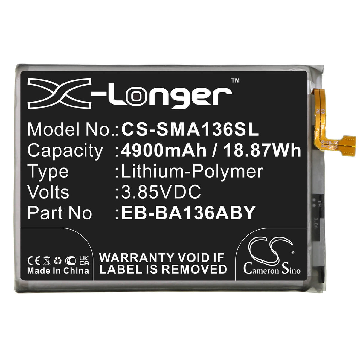 3.85V, Li-Polymer, 4900mAh, SmartPhone battery fits Samsung, Eb-ba136aby, Galaxy A13 5g, Sm-a136a, 18.87Wh Mobile, SmartPhone Cameron Sino Technology Limited (Smartphone)
