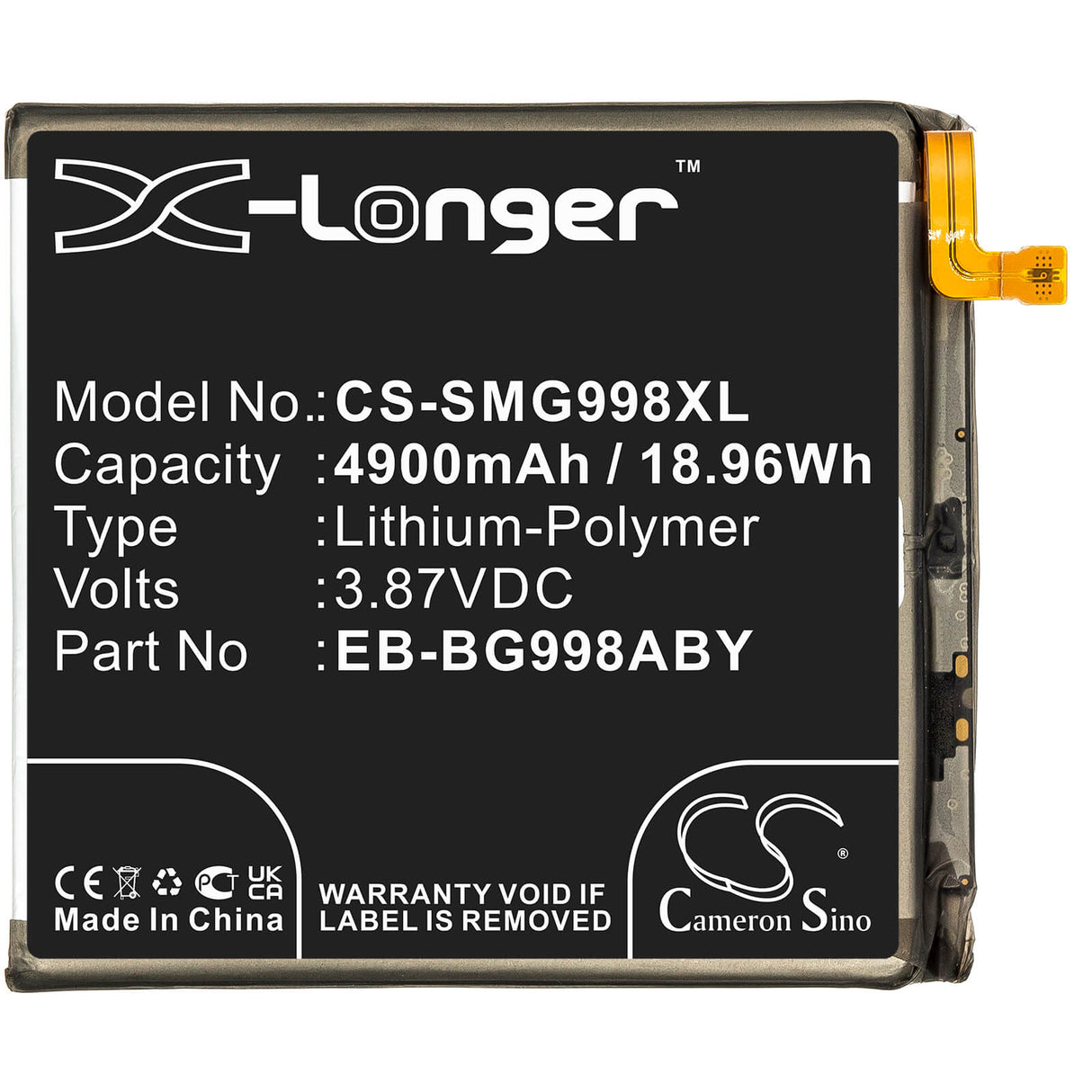 3.87V, Li-Polymer, 4900mAh, SmartPhone battery fits Samsung, Eb-bg998aby, Galaxy S21 Ultra, Galaxy S21 Ultra 5g, 18.96Wh Mobile, SmartPhone Cameron Sino Technology Limited (Smartphone)