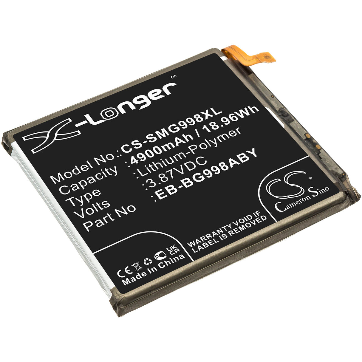 3.87V, Li-Polymer, 4900mAh, SmartPhone battery fits Samsung, Eb-bg998aby, Galaxy S21 Ultra, Galaxy S21 Ultra 5g, 18.96Wh Mobile, SmartPhone Cameron Sino Technology Limited (Smartphone)