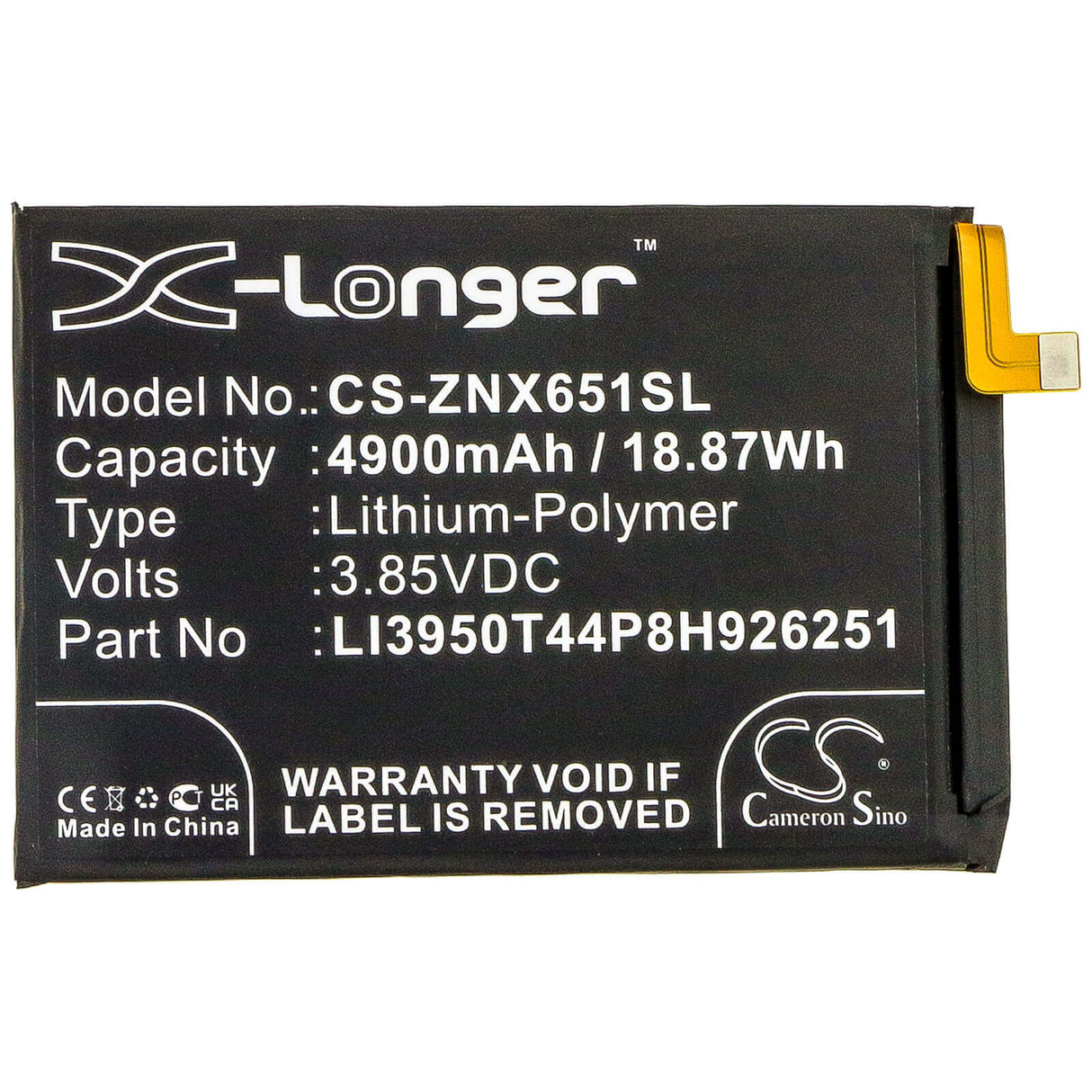 3.85V, Li-Polymer, 4900mAh, SmartPhone battery fits Zte, Li3950t44p8h926251, Nubia Play, Nubia Play 5g, 18.87Wh Mobile, SmartPhone Cameron Sino Technology Limited (Smartphone)