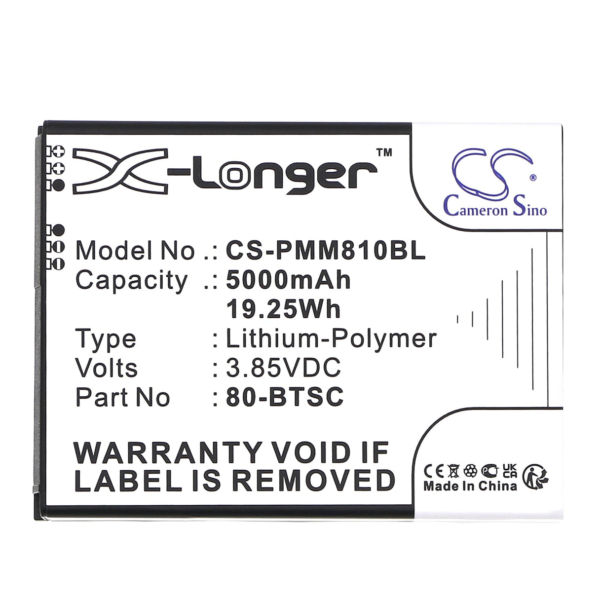 3.85V, Li-Polymer, 5000mAh, batterie de scanner de code-barres compatible avec Point Mobile, Pm80, 19.25Wh Scanner de code-barres Cameron Sino Technology Limited