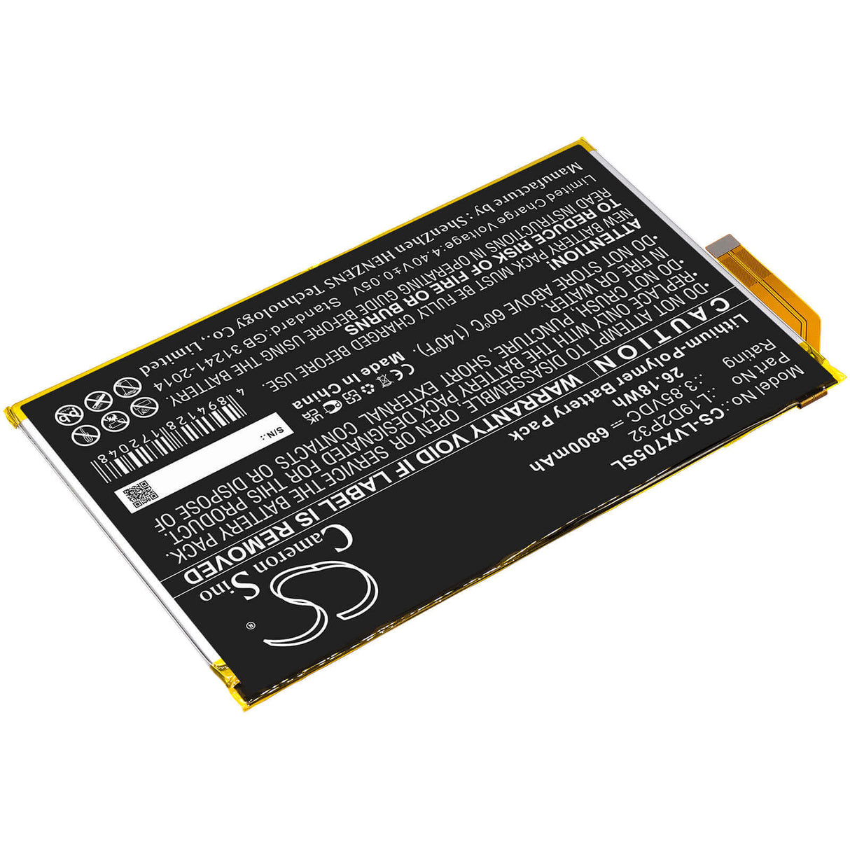 3.85V, Li-Polymer, 6800mAh, Tablet battery fits Lenovo, L19d2p32, Yoga Smart Tab, Yt-x705f, 26.18Wh Tablet Cameron Sino Technology Limited