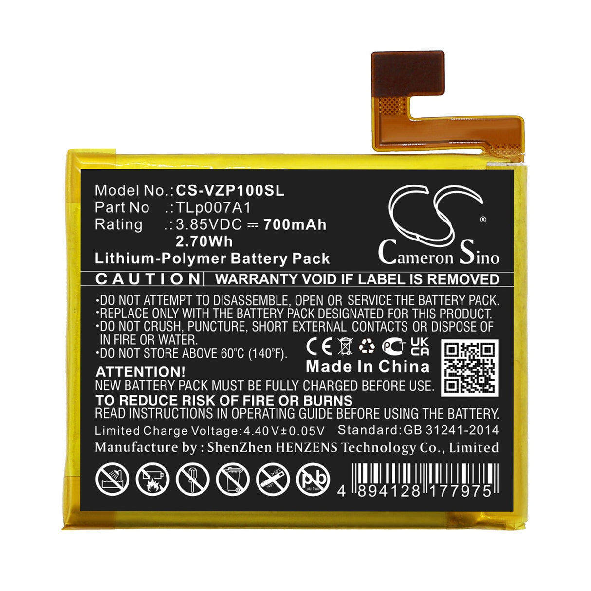 3.85V, Li-Polymer, 700mAh, SmartPhone battery fits Verizon, Tlp007a1, Palm, Pvg100, 2.7Wh Mobile, SmartPhone Cameron Sino Technology Limited (Smartphone)