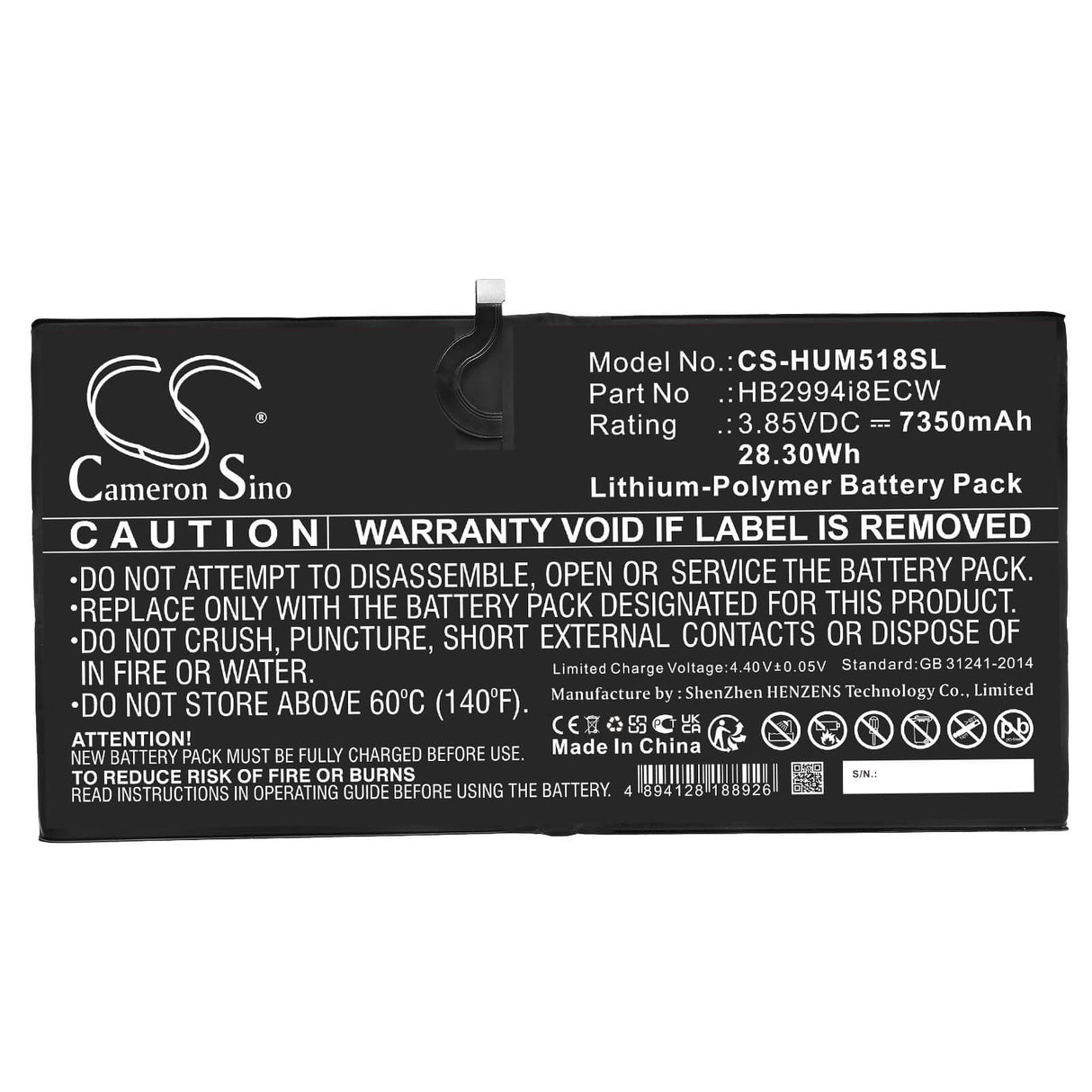 3.85V, Li-Polymer, 7350mAh, Tablet battery fits Huawei, Hb2994i8ecw, Cmr-al09, Cmr-al19, 28.30Wh Tablet Cameron Sino Technology Limited