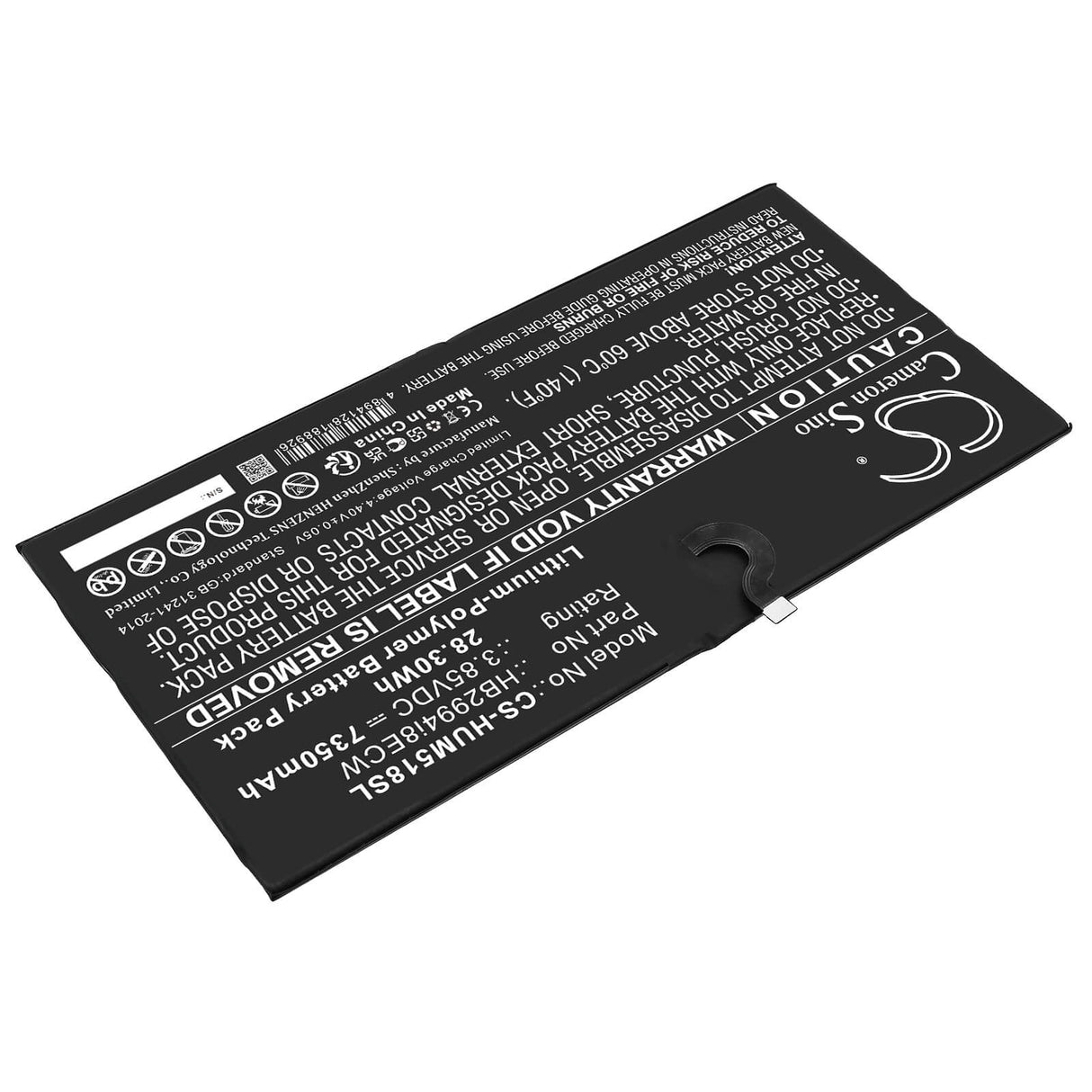 3.85V, Li-Polymer, 7350mAh, Tablet battery fits Huawei, Hb2994i8ecw, Cmr-al09, Cmr-al19, 28.30Wh Tablet Cameron Sino Technology Limited