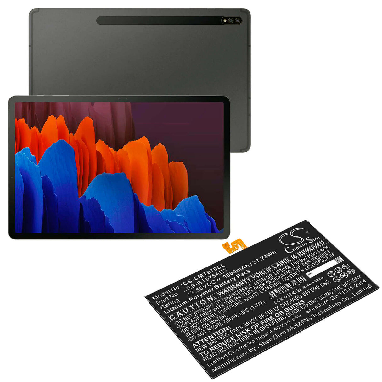 3.85V, Li-Polymer, 9800mAh, Tablet battery fits Samsung, Eb-bt975aby, Galaxy Tab S7 Fe 5g, Galaxy Tab S7 Plus 12.4, 37.73Wh Tablet Cameron Sino Technology Limited