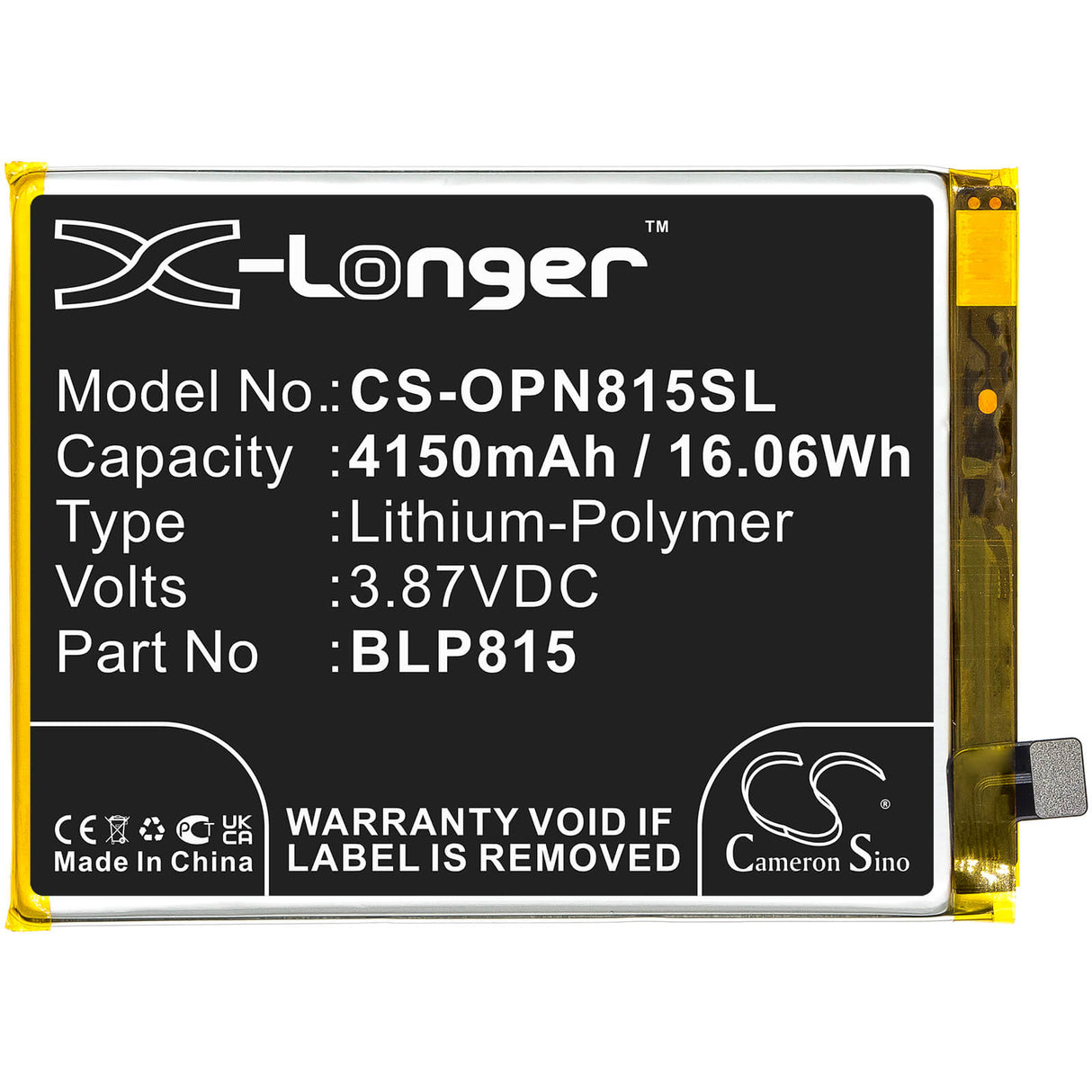 3.87V, Li-Polymer, 4150mAh, SmartPhone battery fits Oneplus, Blp815, Be2025, Be2026, 16.06Wh Mobile, SmartPhone Cameron Sino Technology Limited (Smartphone)