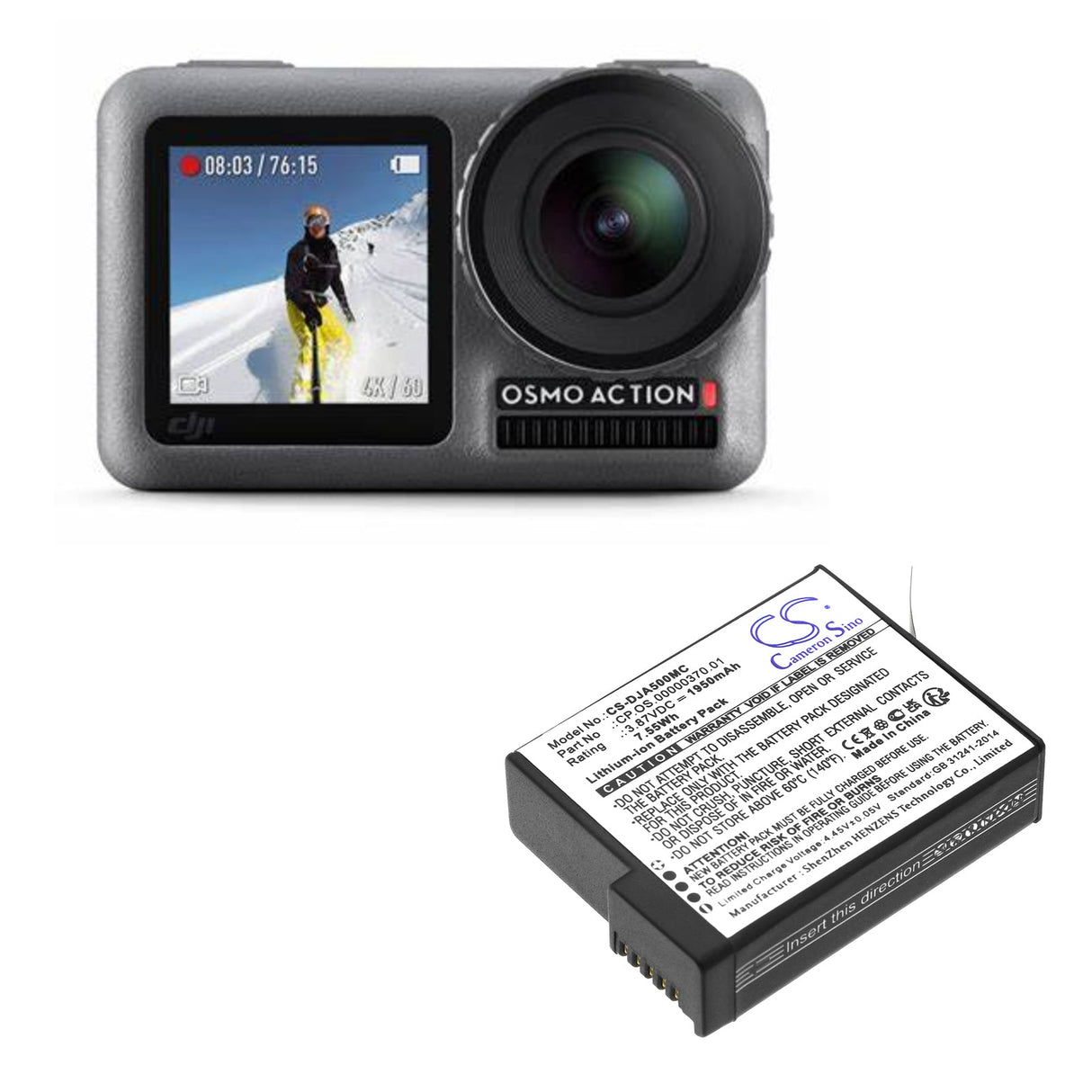 3,87V, Li-ion, 1950mAh, Batterie d'appareil photo compatible avec Dji, Bcx204-1950-3.87, Osmo Action 5, 7.5465Wh Appareil photo Cameron Sino Technology Limited (Appareil photo)