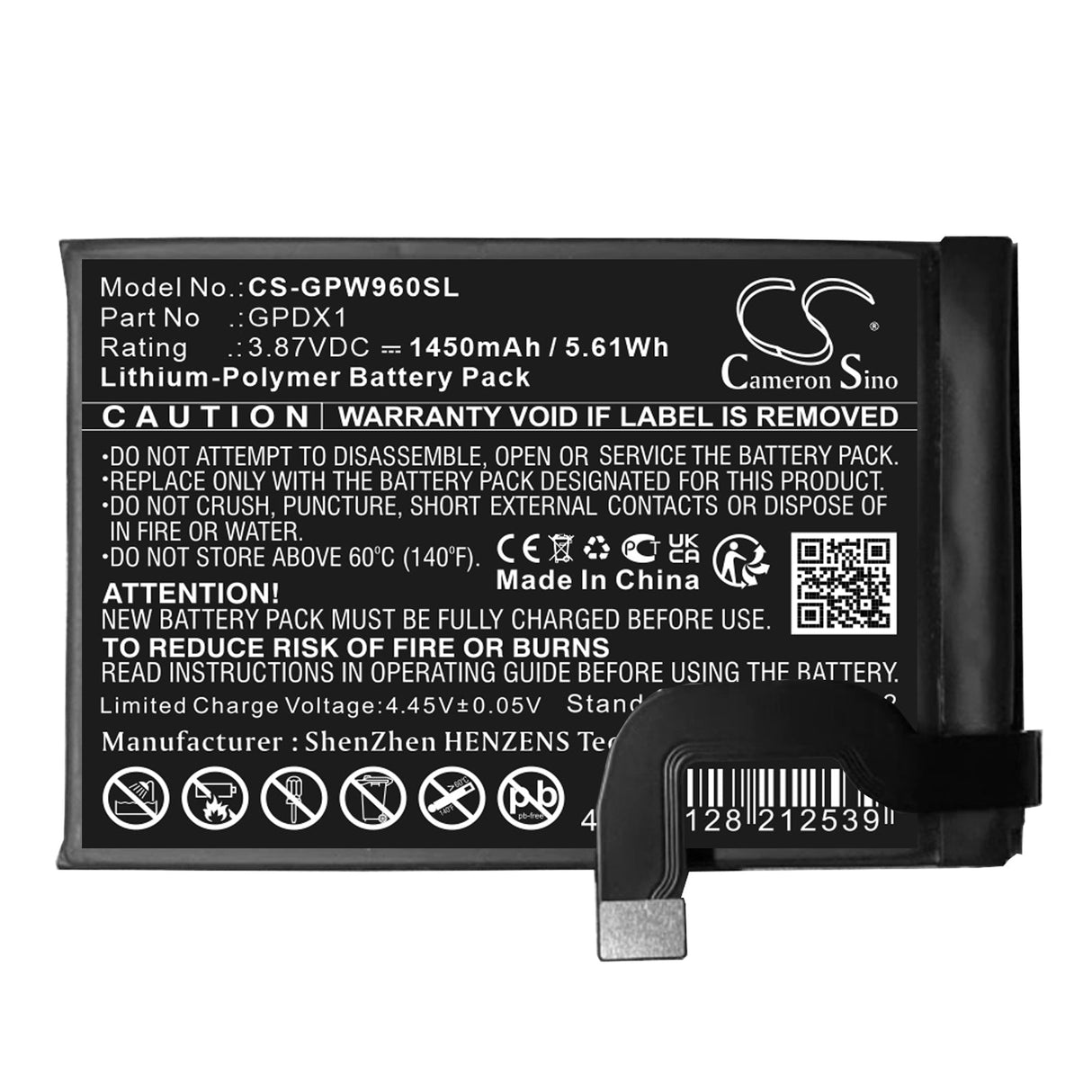 3.87V, Li-Polymer, 1450mAh, Mobile, batterie de smartphone compatible avec Google, G0b96, G9fpl, 5.61Wh Mobile, Cameron Sino Technology Limited (Smartphone)