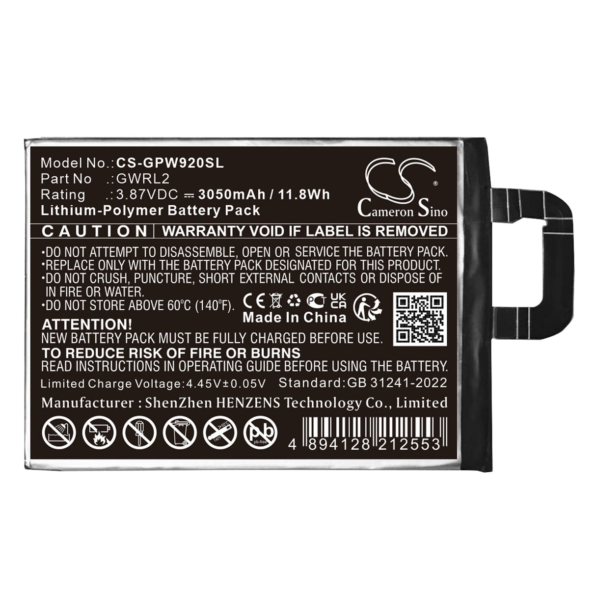 3,87 V, Li-Polymère, 3050 mAh, Mobile, Batterie de smartphone compatible avec Google, Gc15s, Ggh2x, 11,8 Wh Mobile, Smartphone Cameron Sino Technology Limited (Smartphone)