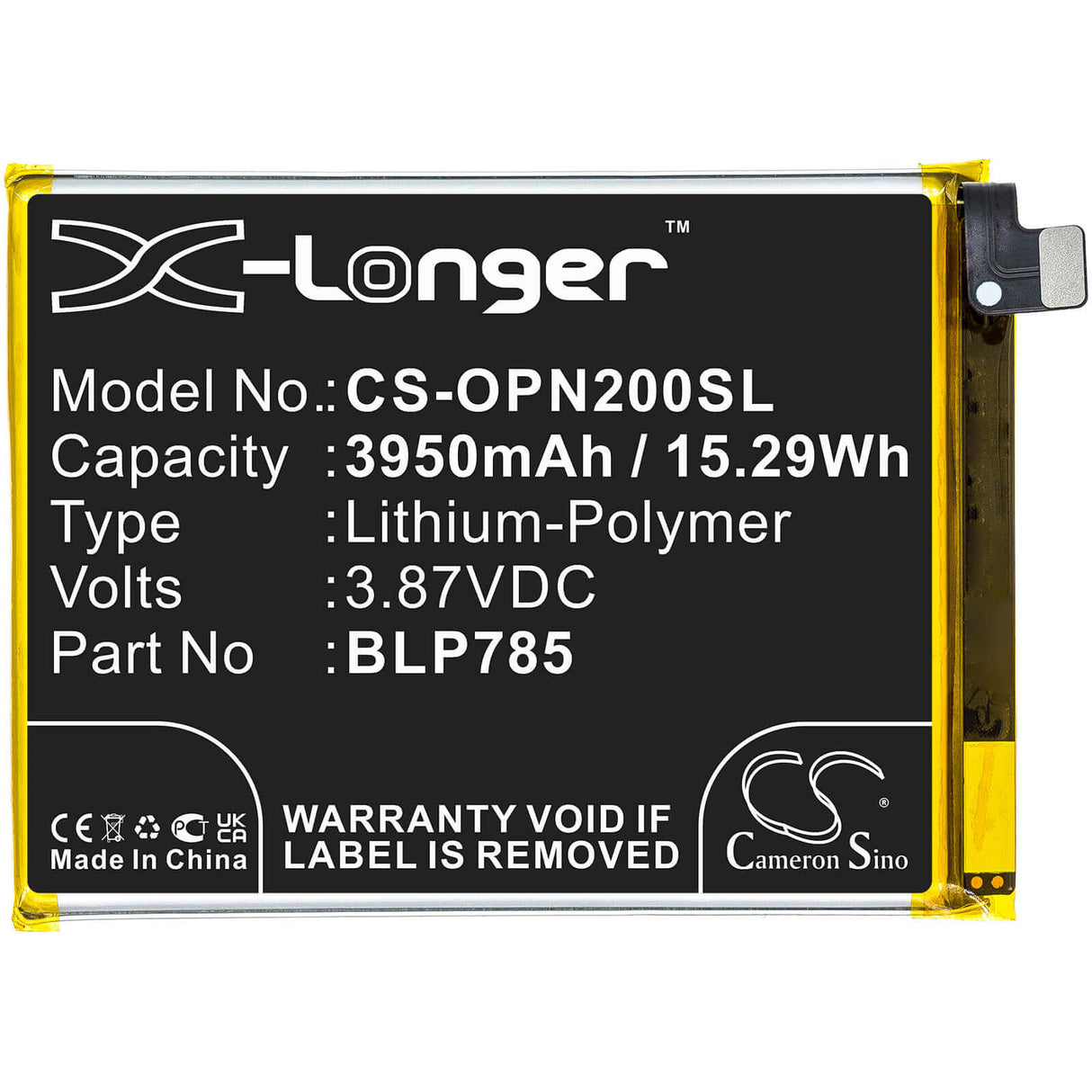 3.87V, Li-Polymer, 3950mAh, SmartPhone battery fits Oneplus, Blp785, Ac2003, Nord, 15.29Wh Mobile, SmartPhone Cameron Sino Technology Limited (Smartphone)