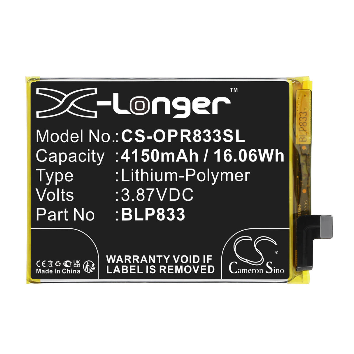 3.87V, Li-Polymer, 4150mAh, SmartPhone battery fits Oppo, Blp833, Realme V15 5g, Rmx3092, 16.06Wh Mobile, SmartPhone Cameron Sino Technology Limited (Smartphone)