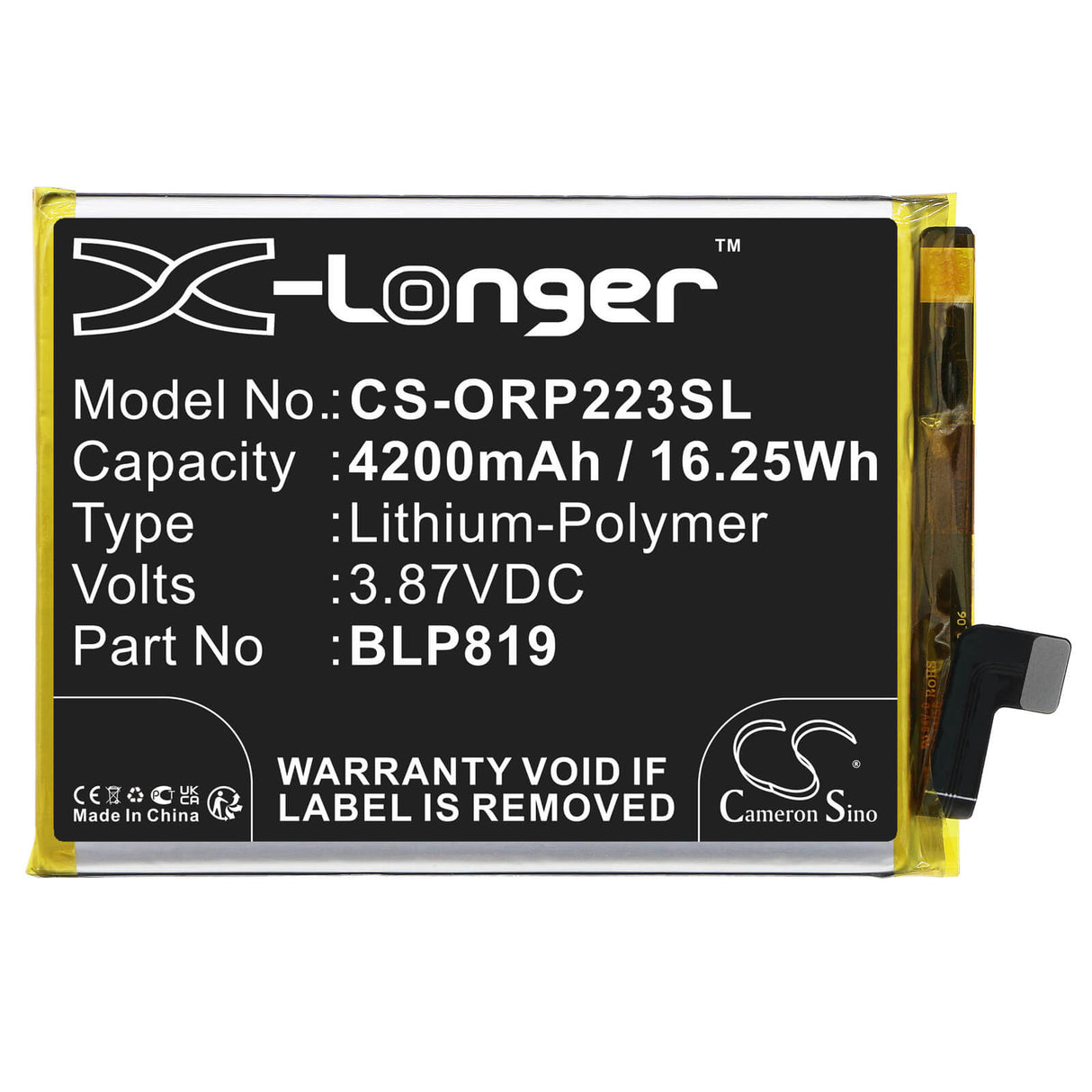 3.87V, Li-Polymer, 4200mAh, SmartPhone battery fits Oppo, Blp819, A95 5g 2021, Cph2211, 16.25Wh Mobile, SmartPhone Cameron Sino Technology Limited (Smartphone)