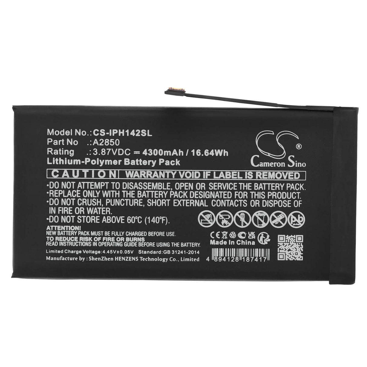 3,87V, Li-Polymer, 4300mAh, Batterie pour smartphone compatible avec Apple, A2850, Iphone 14 Plus, 16,64Wh Mobile, Smartphone Cameron Sino Technology Limited (Smartphone)
