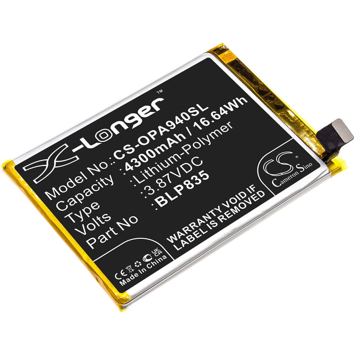 3.87V, Li-Polymer, 4300mAh, SmartPhone battery fits Oppo, Blp835, A94, A94 2021, 16.64Wh Mobile, SmartPhone Cameron Sino Technology Limited (Smartphone)