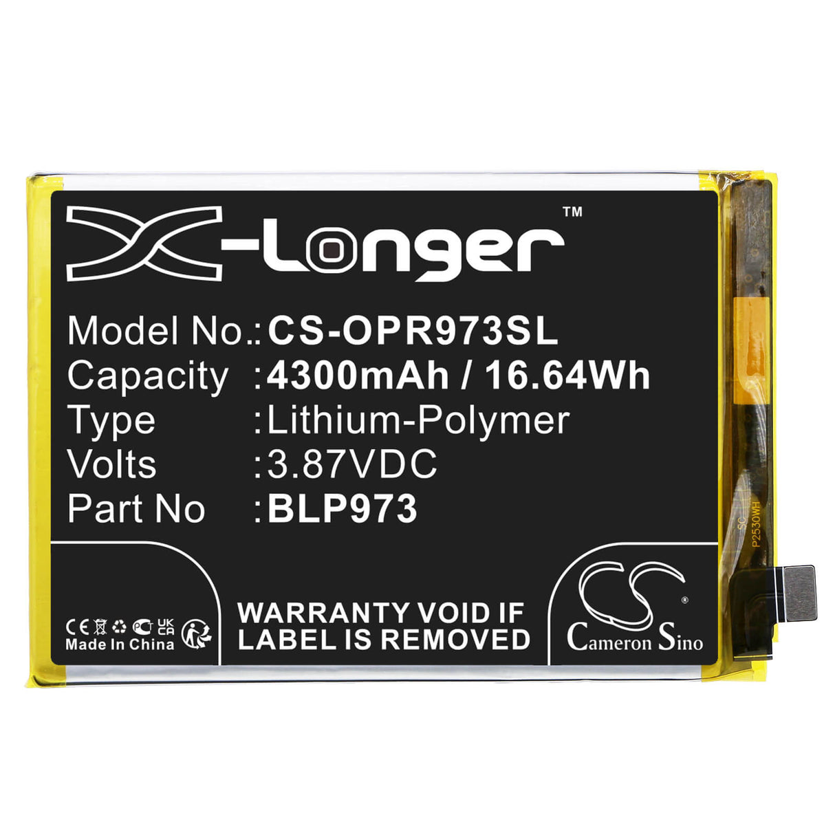 3.87V, Li-Polymer, 4300mAh, SmartPhone battery fits Oppo, Blp973, Pgx110, Phm110, 16.64Wh Mobile, SmartPhone Cameron Sino Technology Limited (Smartphone)