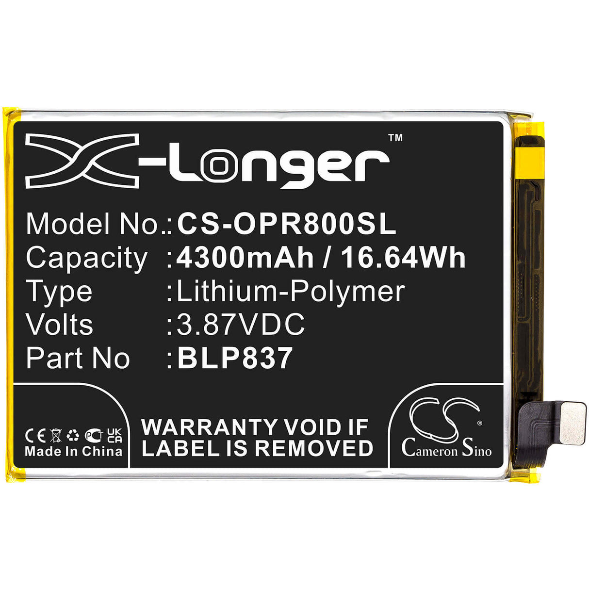 3.87V, Li-Polymer, 4300mAh, SmartPhone battery fits Oppo, Blp837, Realme 8 Pro, 16.64Wh Mobile, SmartPhone Cameron Sino Technology Limited (Smartphone)