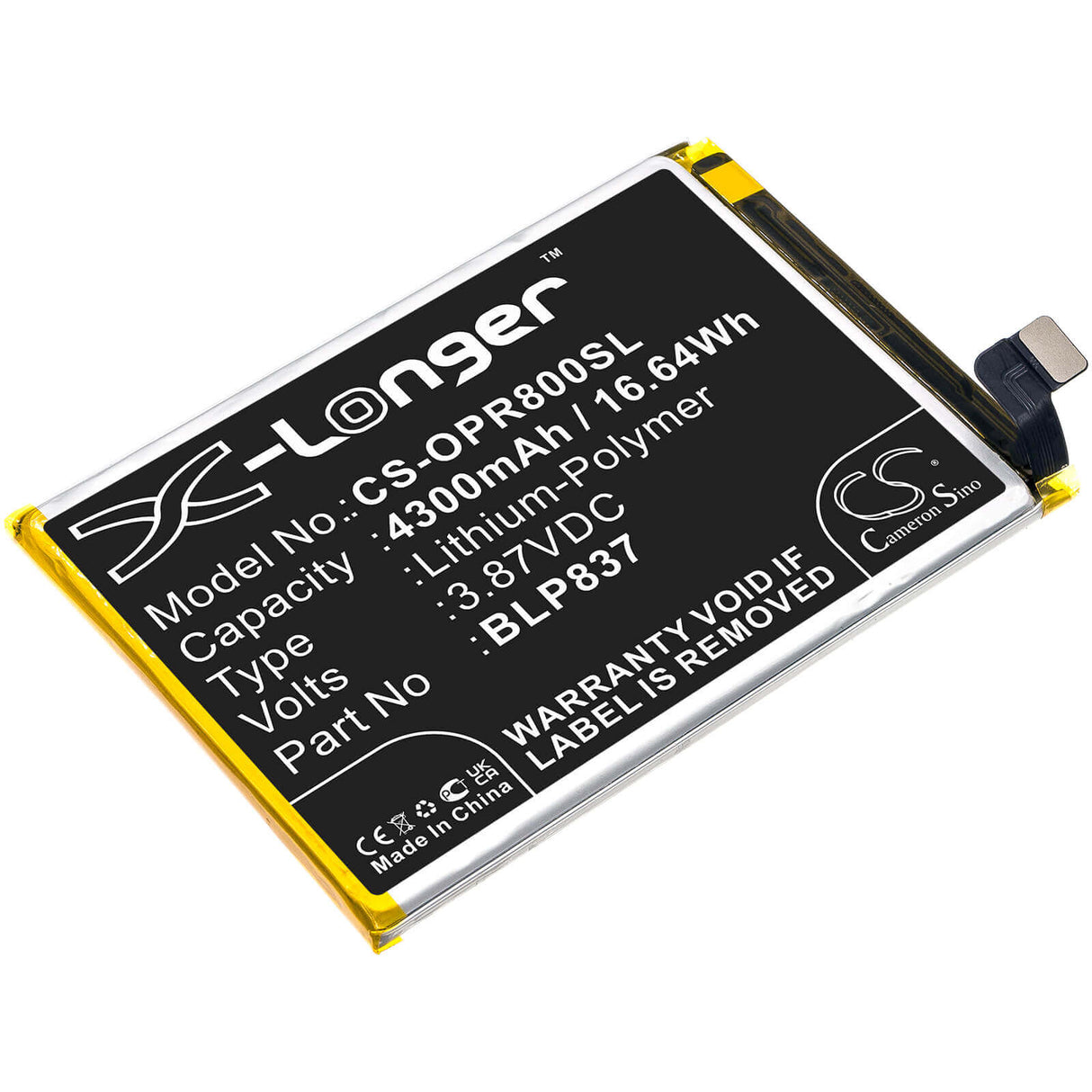 3.87V, Li-Polymer, 4300mAh, SmartPhone battery fits Oppo, Blp837, Realme 8 Pro, 16.64Wh Mobile, SmartPhone Cameron Sino Technology Limited (Smartphone)
