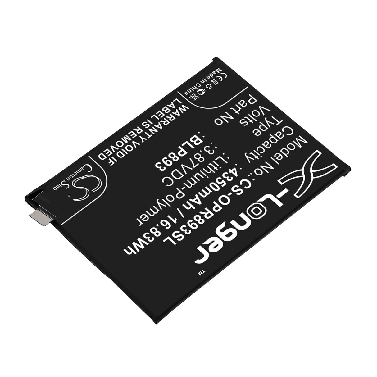 3.87V, Li-Polymer, 4350mAh, SmartPhone battery fits Oppo, Blp893, Pfjm10, Reno 7, 16.83Wh Mobile, SmartPhone Cameron Sino Technology Limited (Smartphone)