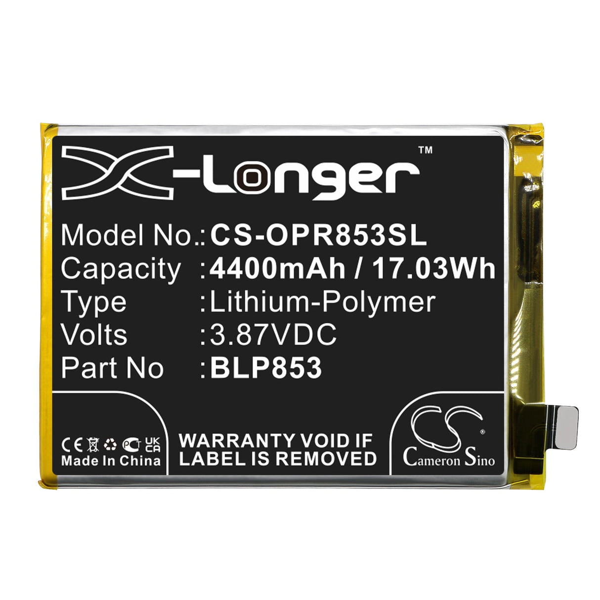 3.87V, Li-Polymer, 4400mAh, SmartPhone battery fits Oppo, Blp853, Cph2113, Cph2205, 17.03Wh Mobile, SmartPhone Cameron Sino Technology Limited (Smartphone)