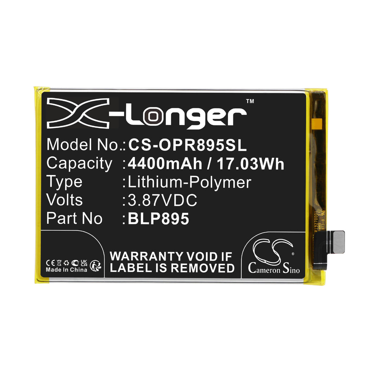 3.87V, Li-Polymer, 4400mAh, SmartPhone battery fits Oppo, Blp895, Pfcm00, Reno7 Se 5g, 17.03Wh Mobile, SmartPhone Cameron Sino Technology Limited (Smartphone)