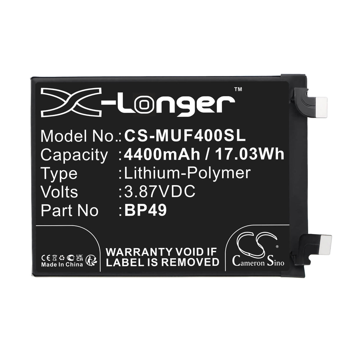 3.87V, Li-Polymer, 4400mAh, SmartPhone battery fits Poco, Bp49, 22021211rg, 22021211ri, 17.03Wh Mobile, SmartPhone Cameron Sino Technology Limited (Smartphone)