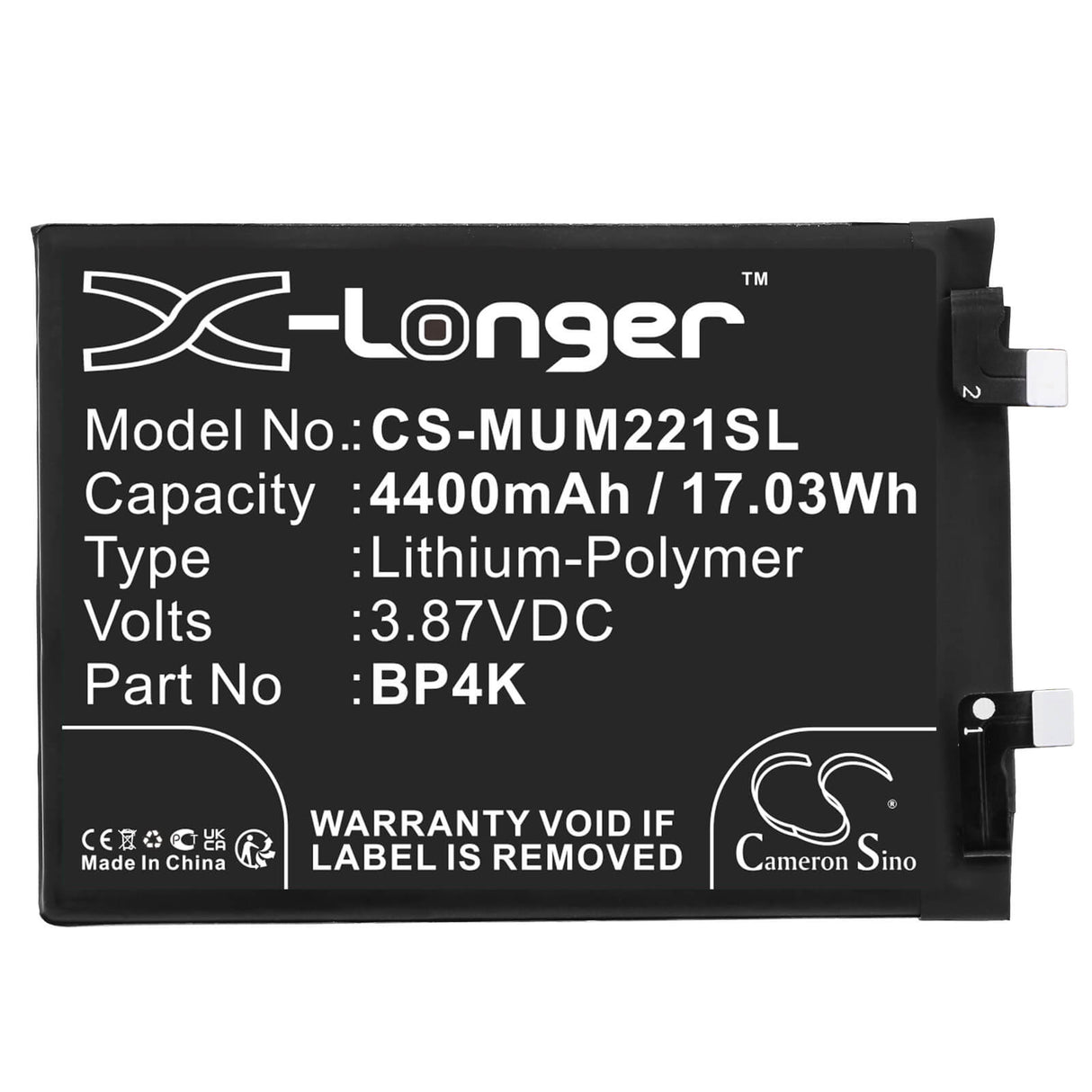 3.87V, Li-Polymer, 4400mAh, SmartPhone battery fits Xiaomi, Bp4k, 22101320c, Note 12 Pro, 17.03Wh Mobile, SmartPhone Cameron Sino Technology Limited (Smartphone)